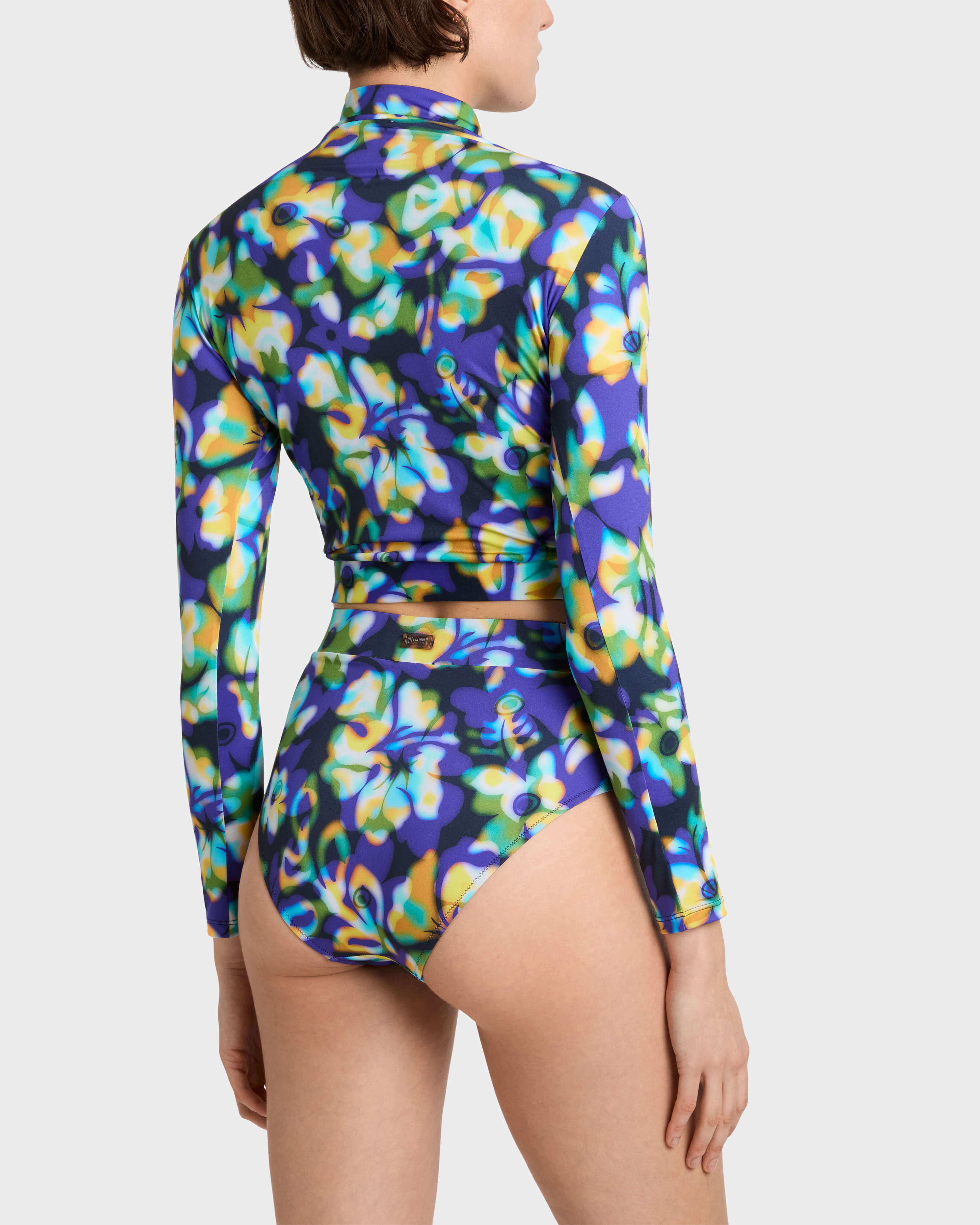 Crop Top anti-UV à fermeture éclair femme Frangipanier Trouble BLEU MARINE backworn view