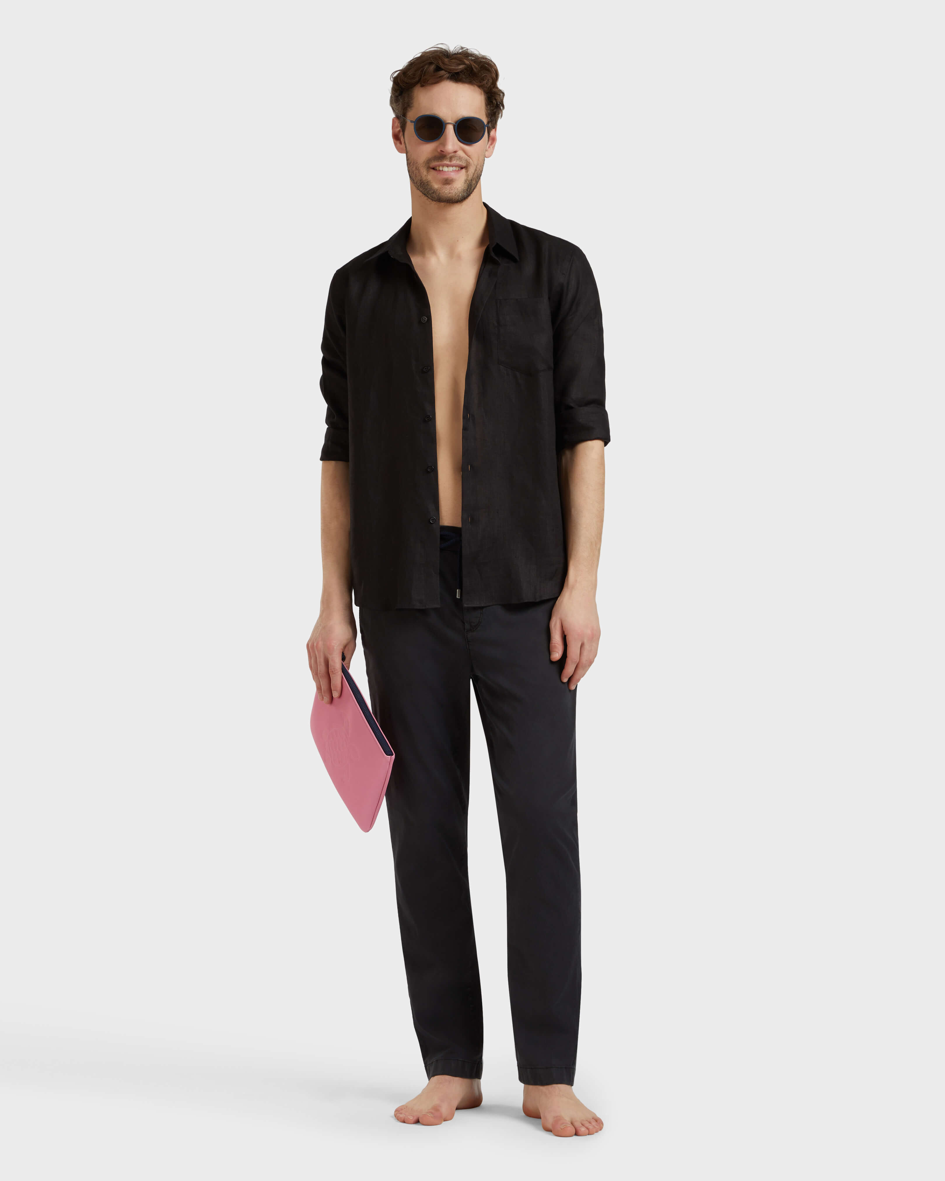 Men Elastic waist Tencel Satin Pants BLACK supp3 view