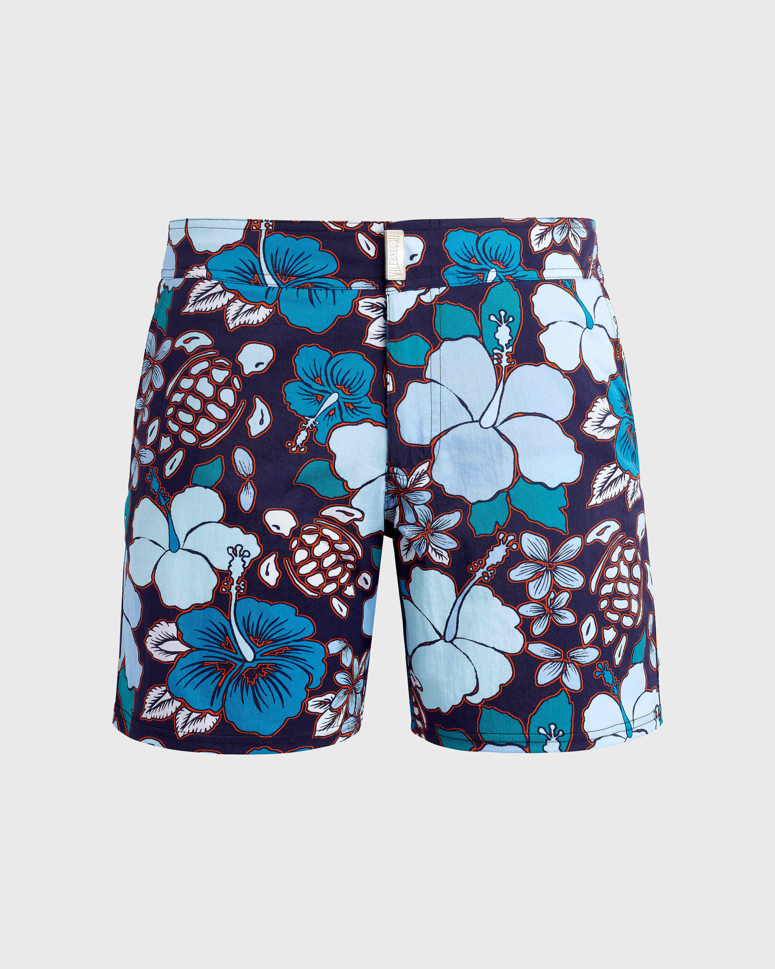 Men Stretch Short Swim Shorts Flat Belt Tropical Turtles MIDNIGHT front view