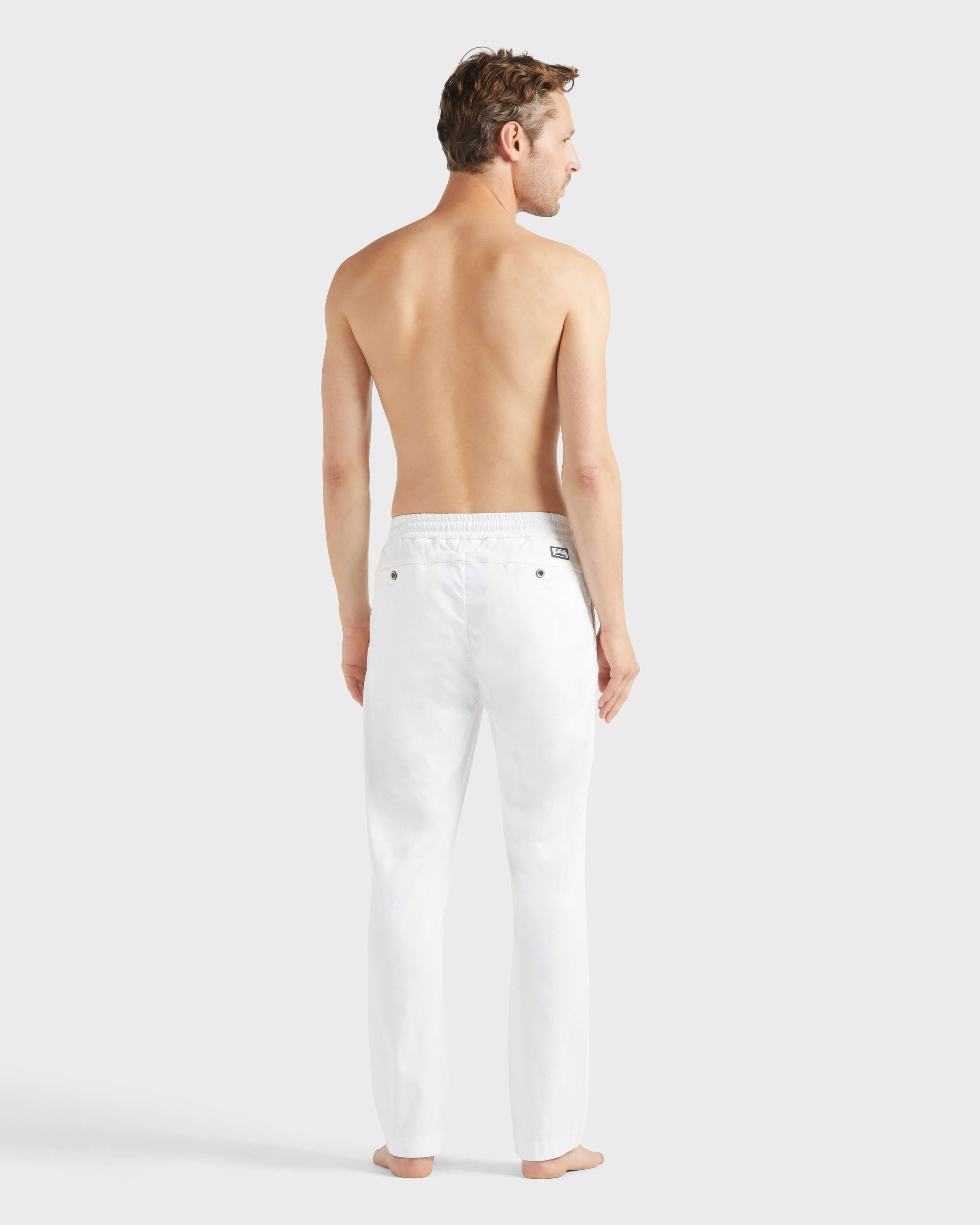Men Elastic waist Tencel Satin Pants WHITE backworn view