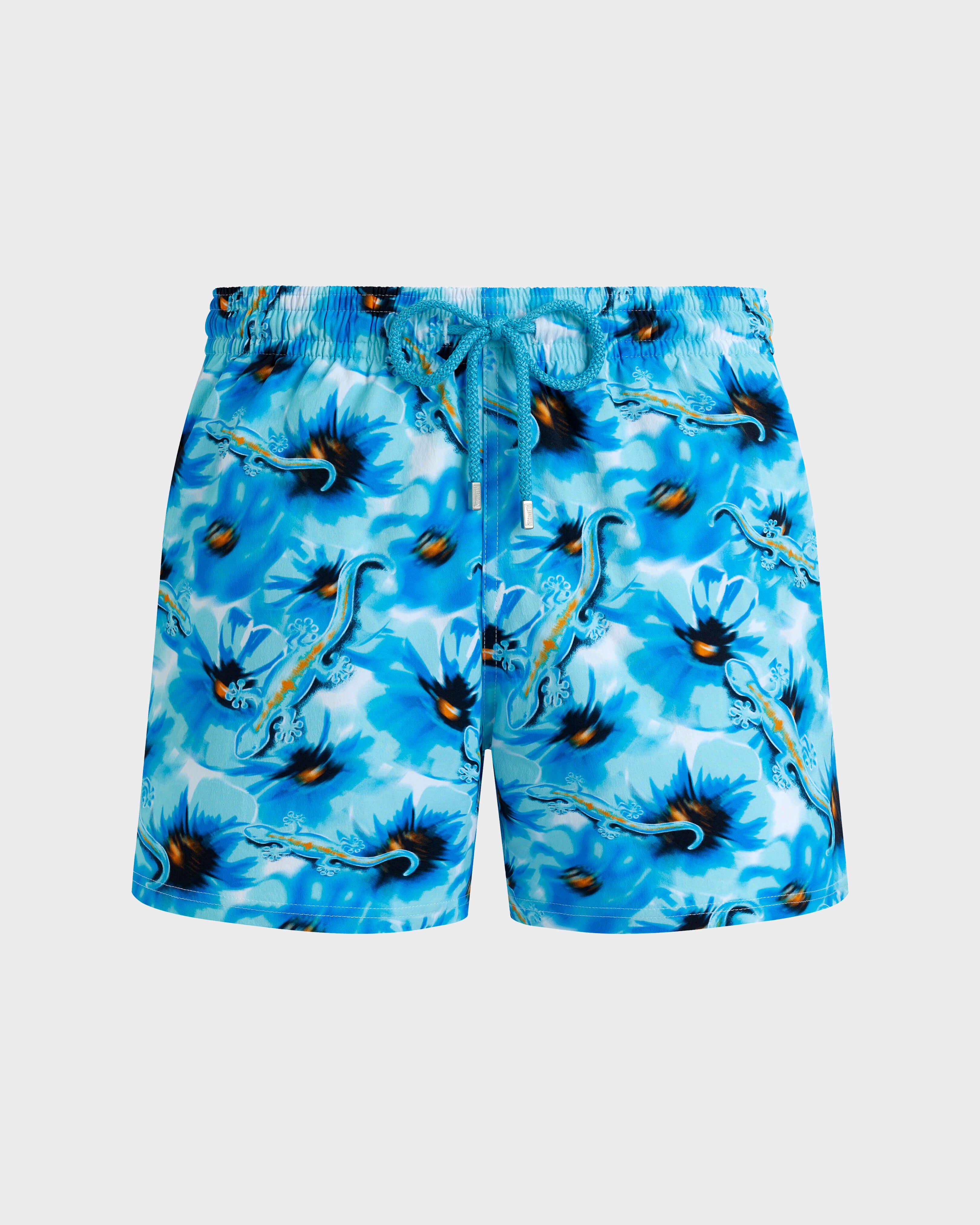 Men Stretch Short Swim Shorts Poopies and Geckos BLUE TOPAZ front view