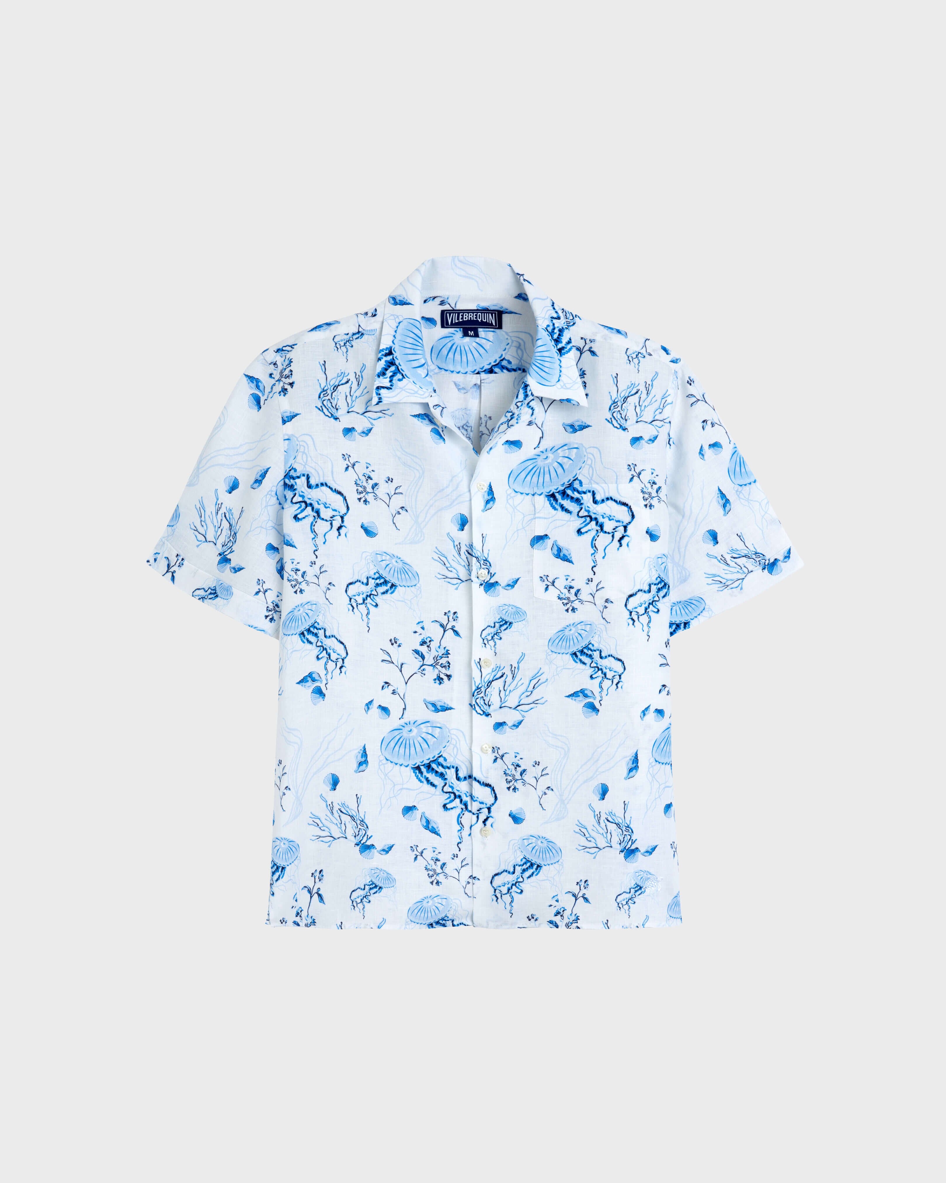 Men Bowling Linen Shirt Medusa and Shells WHITE front view
