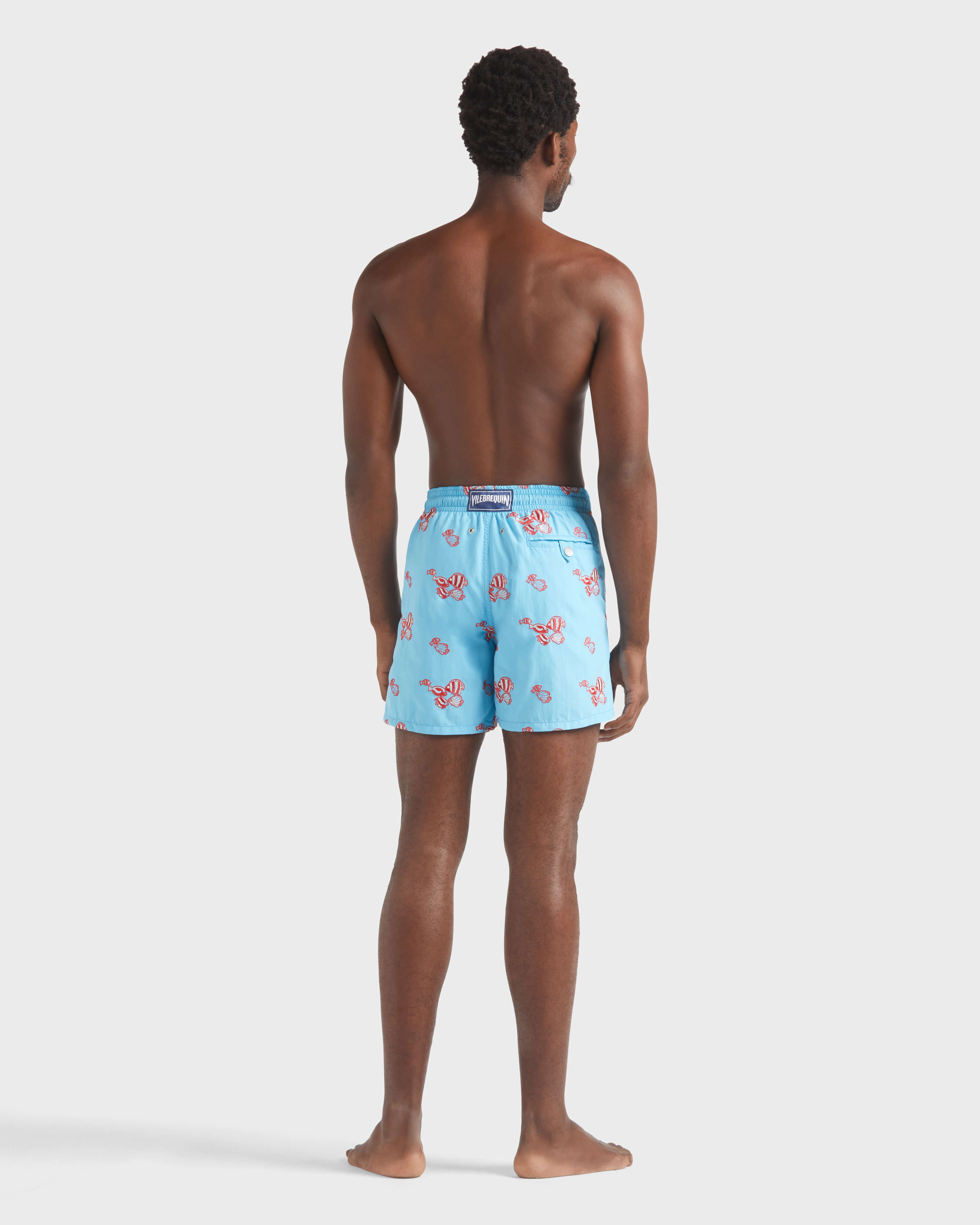 Men Swim trunks Embroidered Fishy Vibes BLUE TOPAZ backworn view