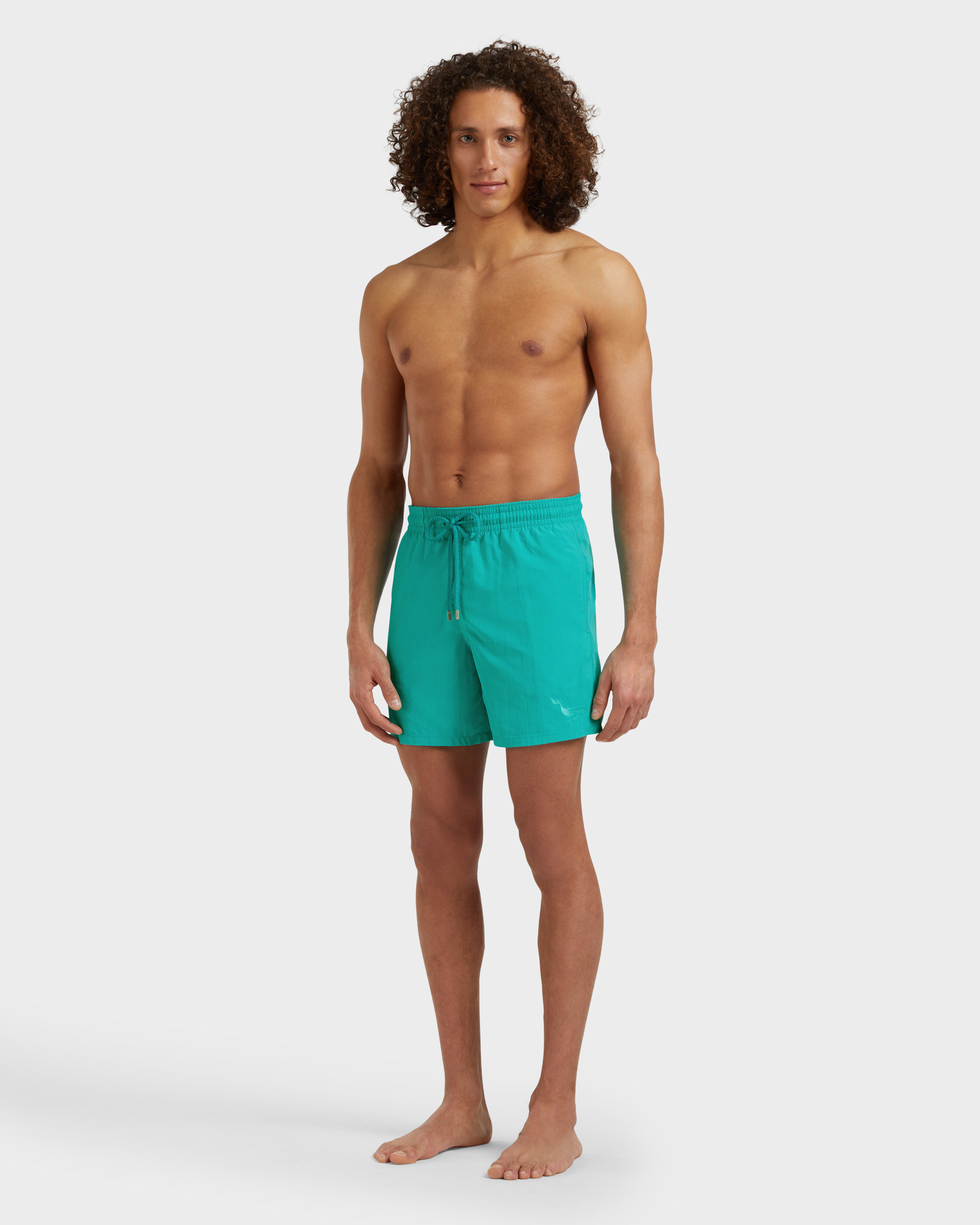 Men Swim Shorts Water-reactive Whales DISCO GREEN frontworn view