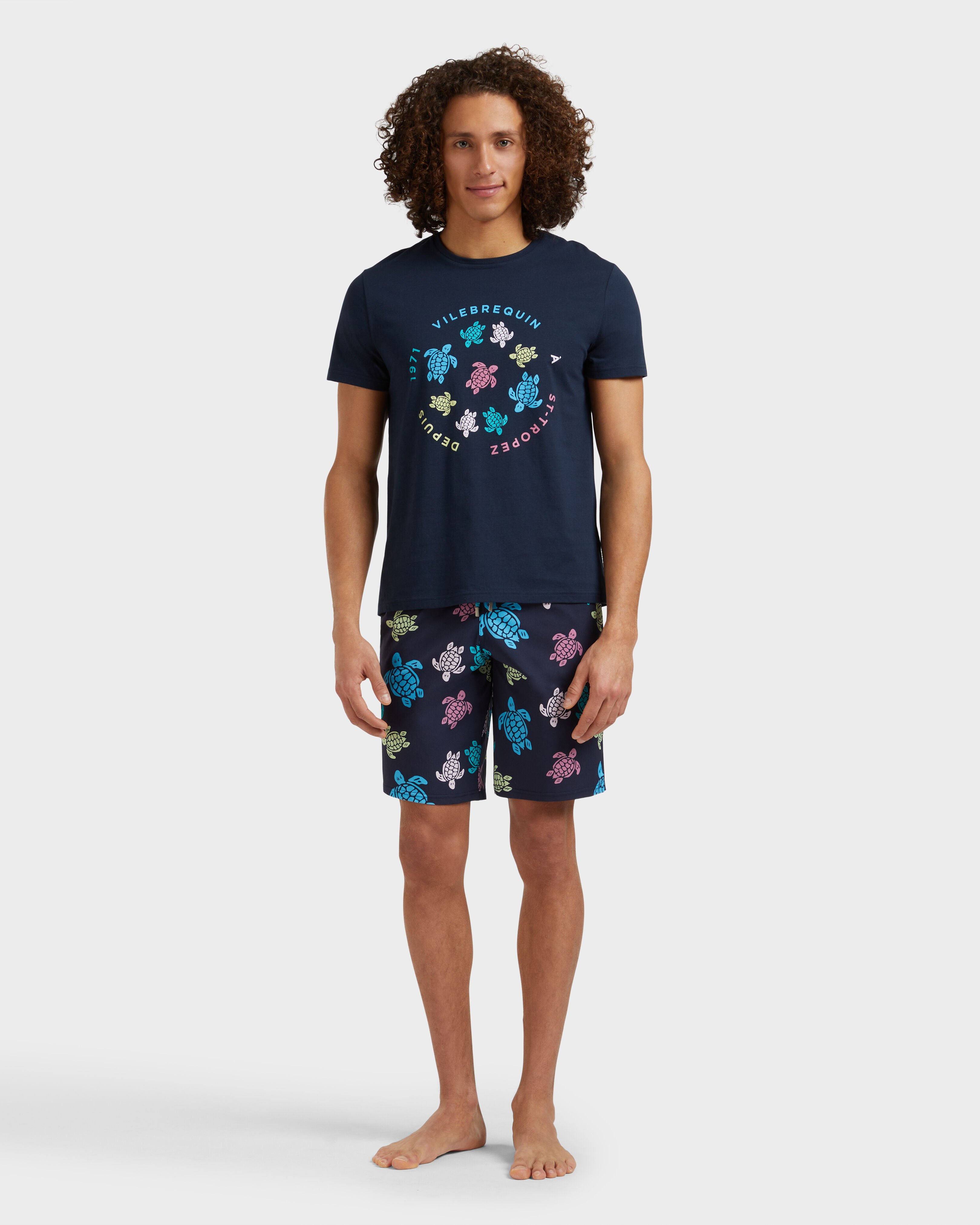 Men Cotton T-Shirt Tortues Multicolores NAVY frontworn view