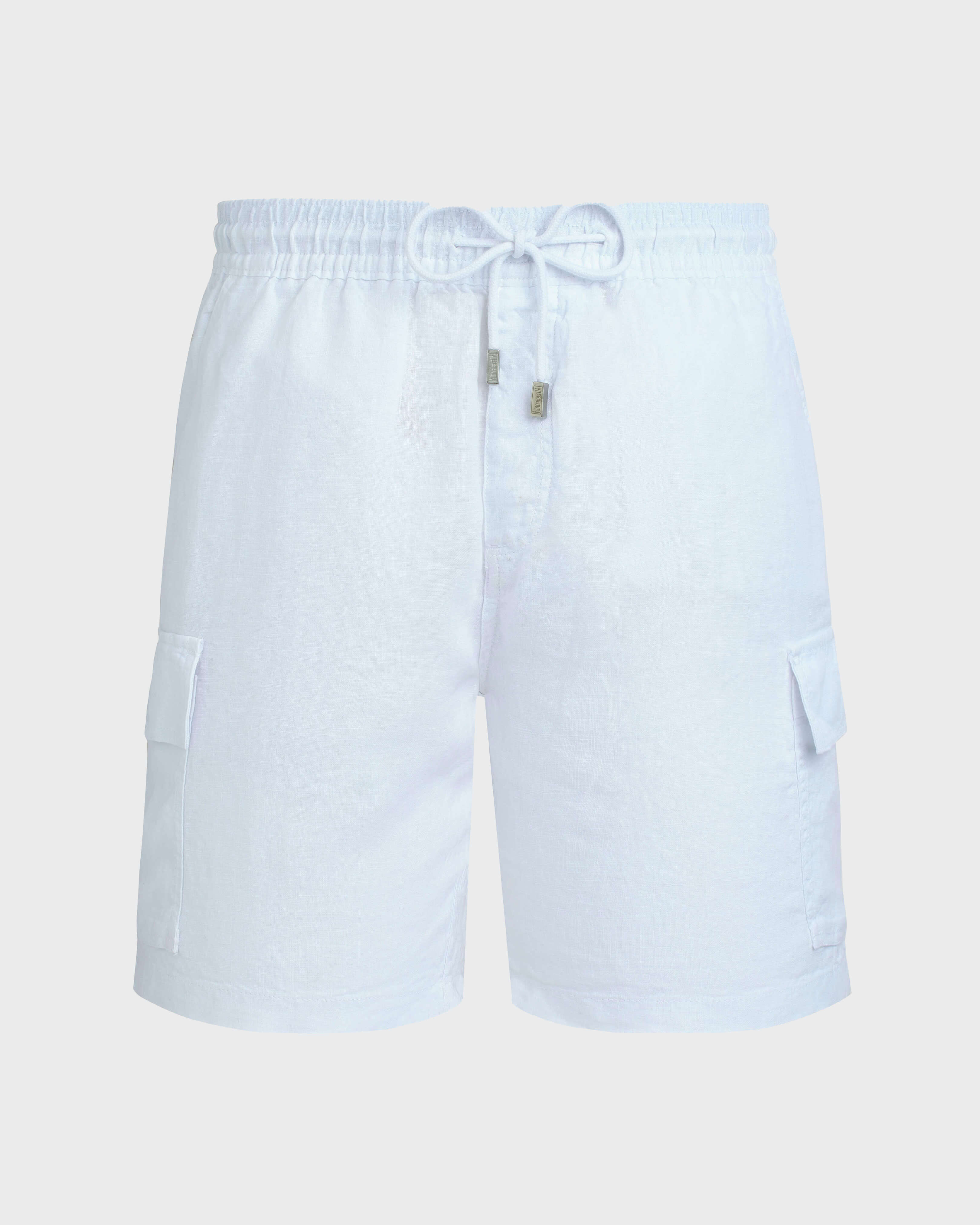Bermudas de lino para hombre con bolsillos cargo BLANCO front view