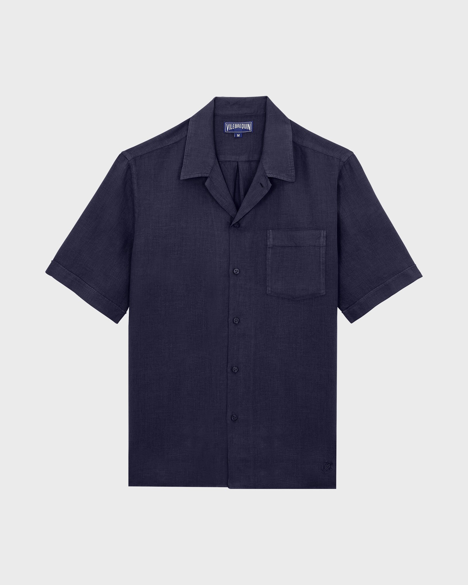 Men Bowling Linen Shirt Solid NAVY front view