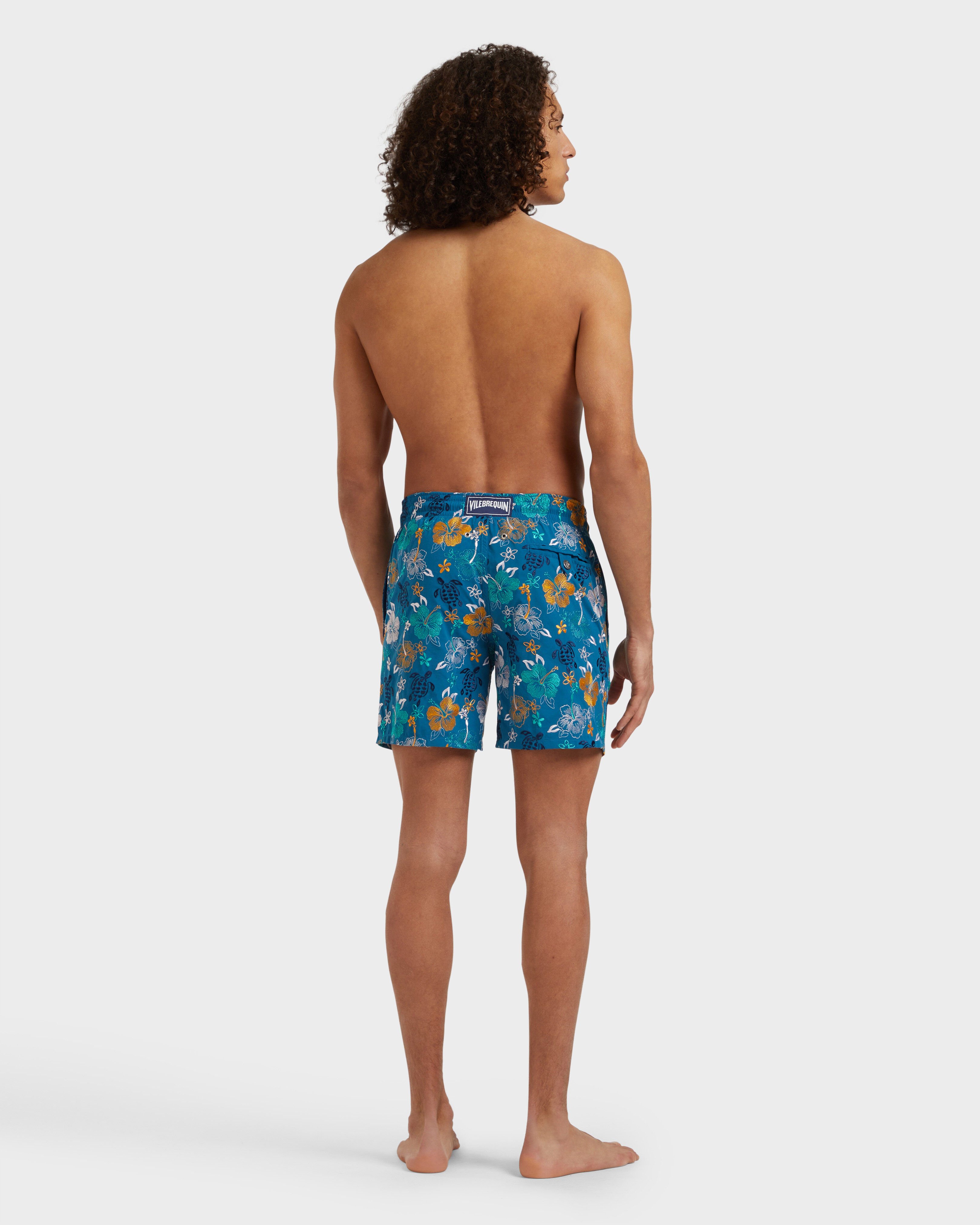 Men Swim Shorts Embroidered Tropical Turtles - Limited Edition PEACOCK backworn view