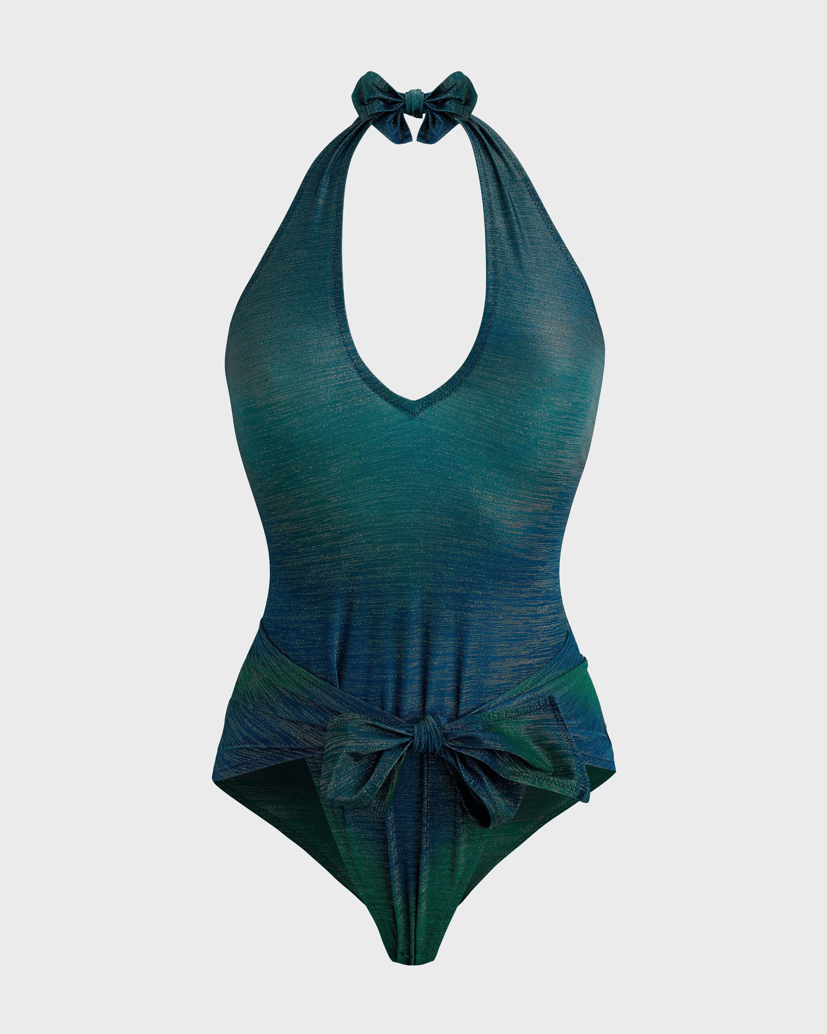 Women Low cut to tie One-piece Swimsuit Rainbow DISCO GREEN front view