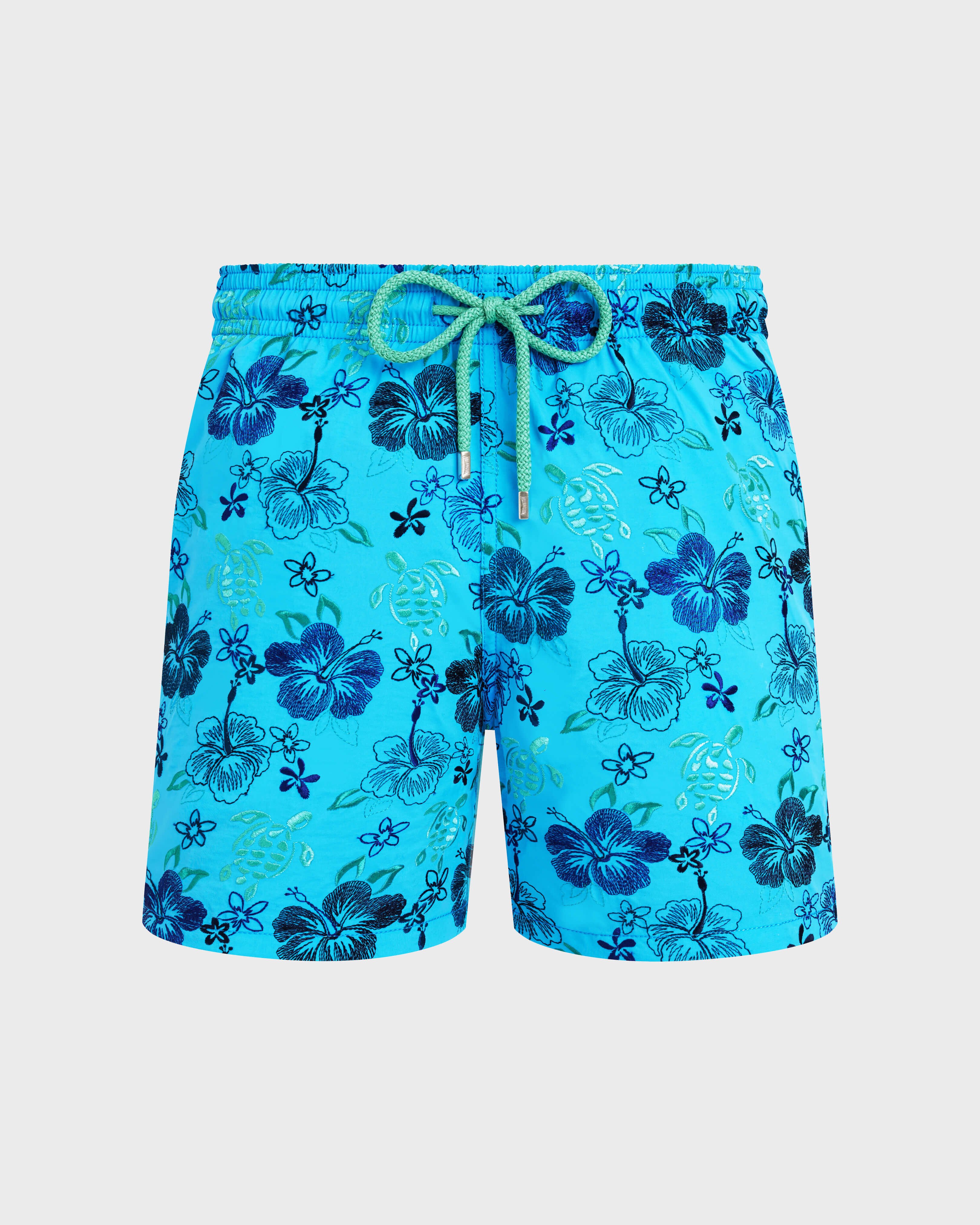 Men Swim Shorts Embroidered Tropical Turtles - Limited Edition BLUE TOPAZ front view