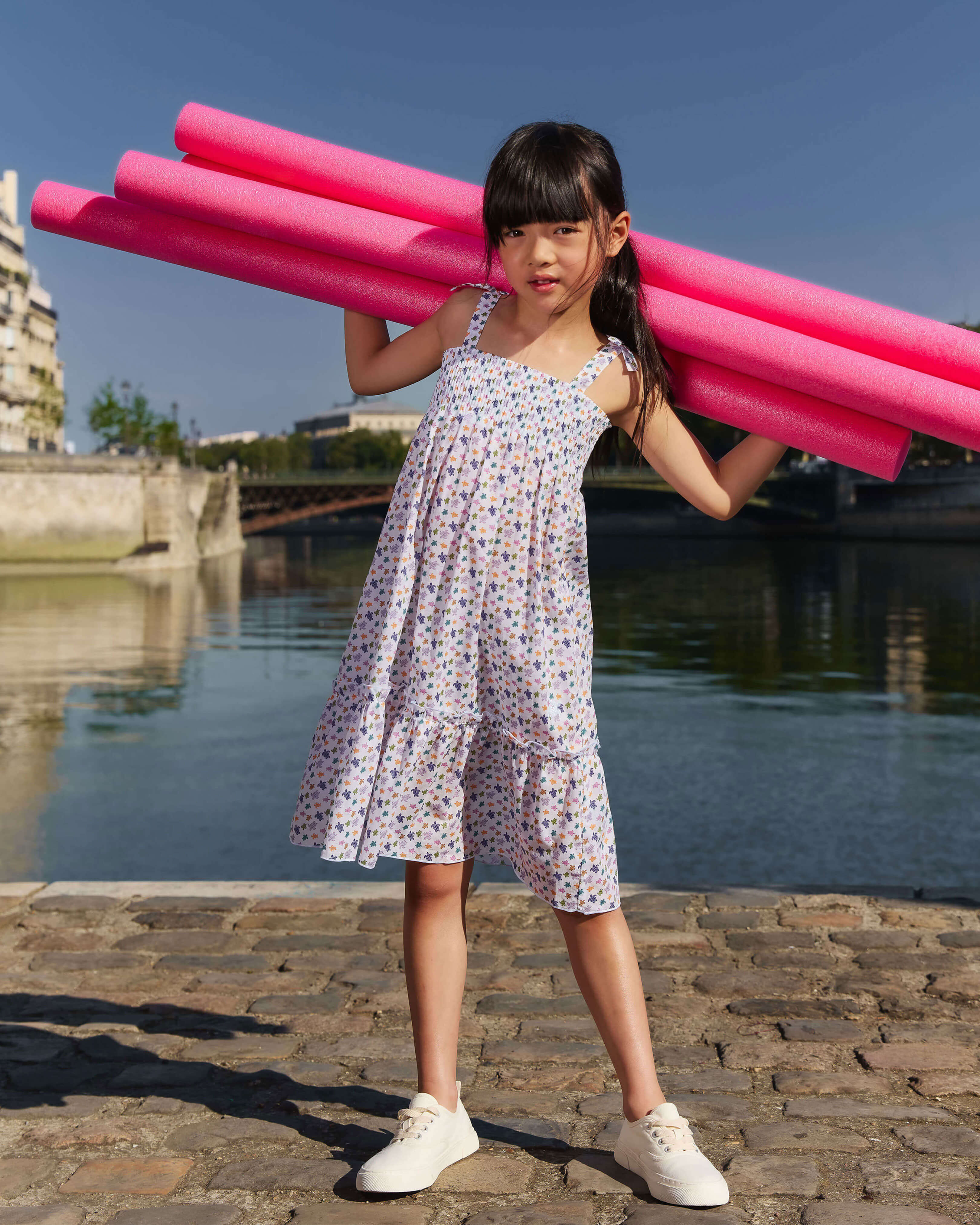 Girls Organic Cotton voile Dress Micro Ronde des Tortues WHITE lifestyle view