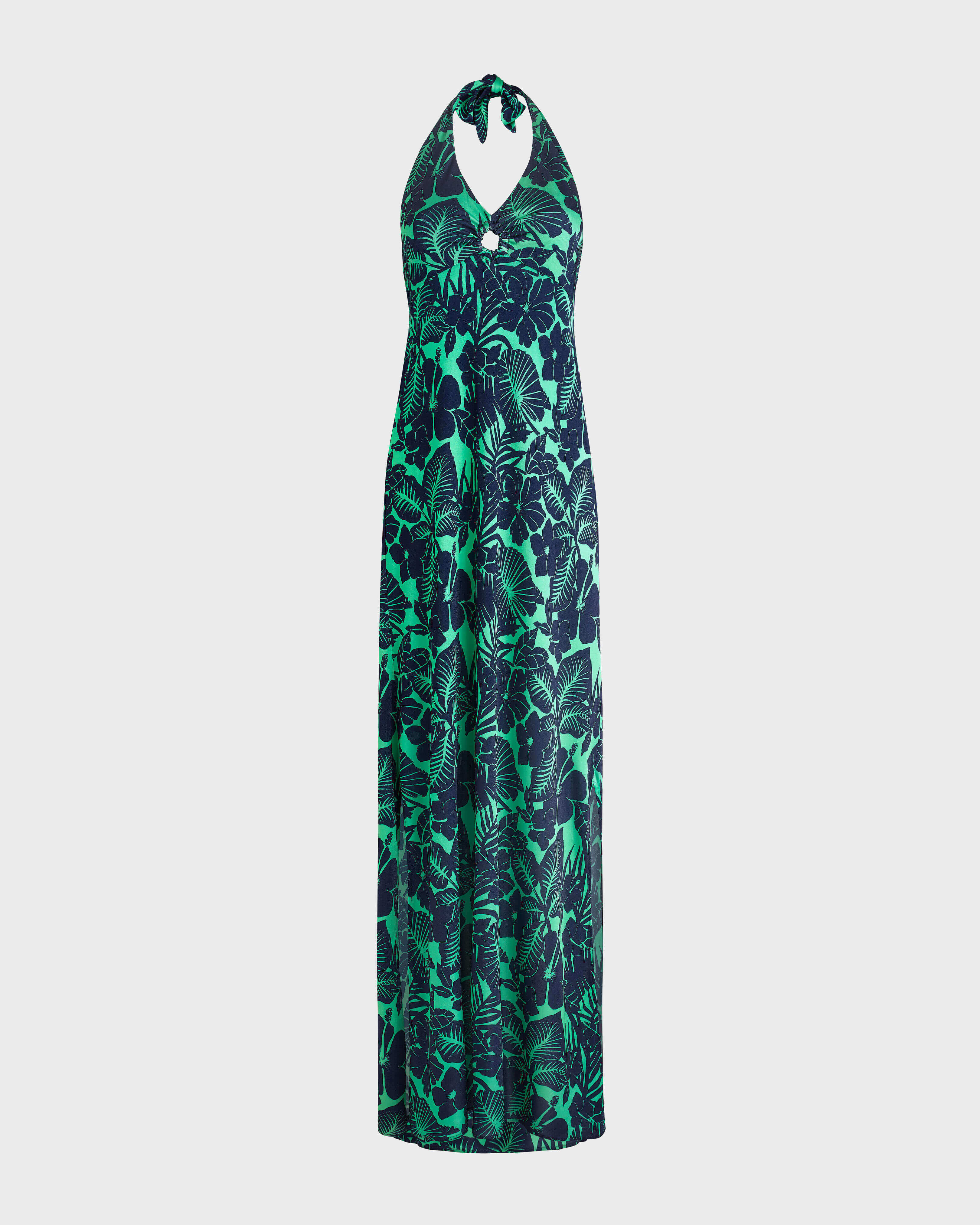 Women Halter Maxi Dress Flowers Paradise GREEN PARADISE front view