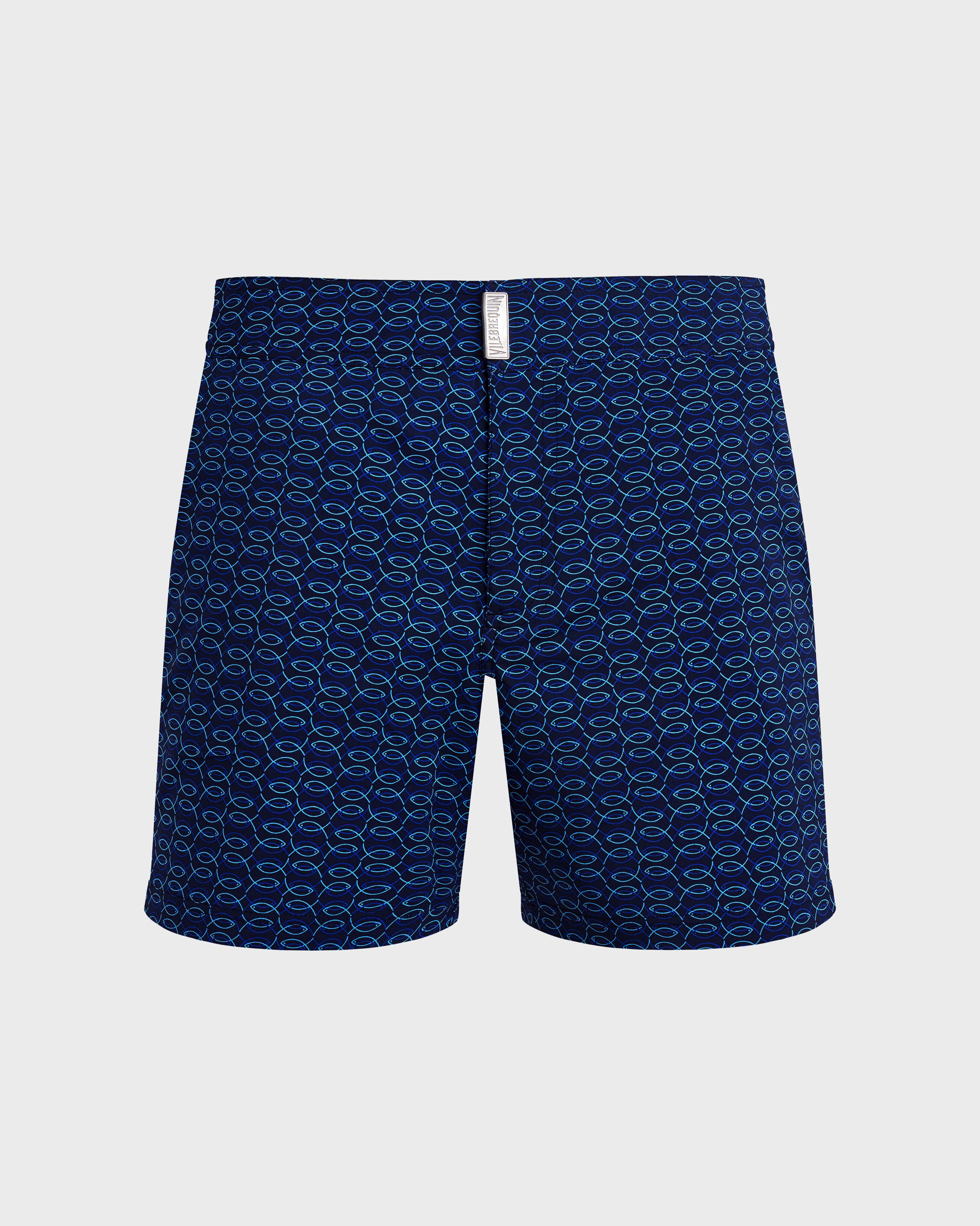 Men Stretch Short Swim Shorts Flat Belt Fish Net NAVY front view