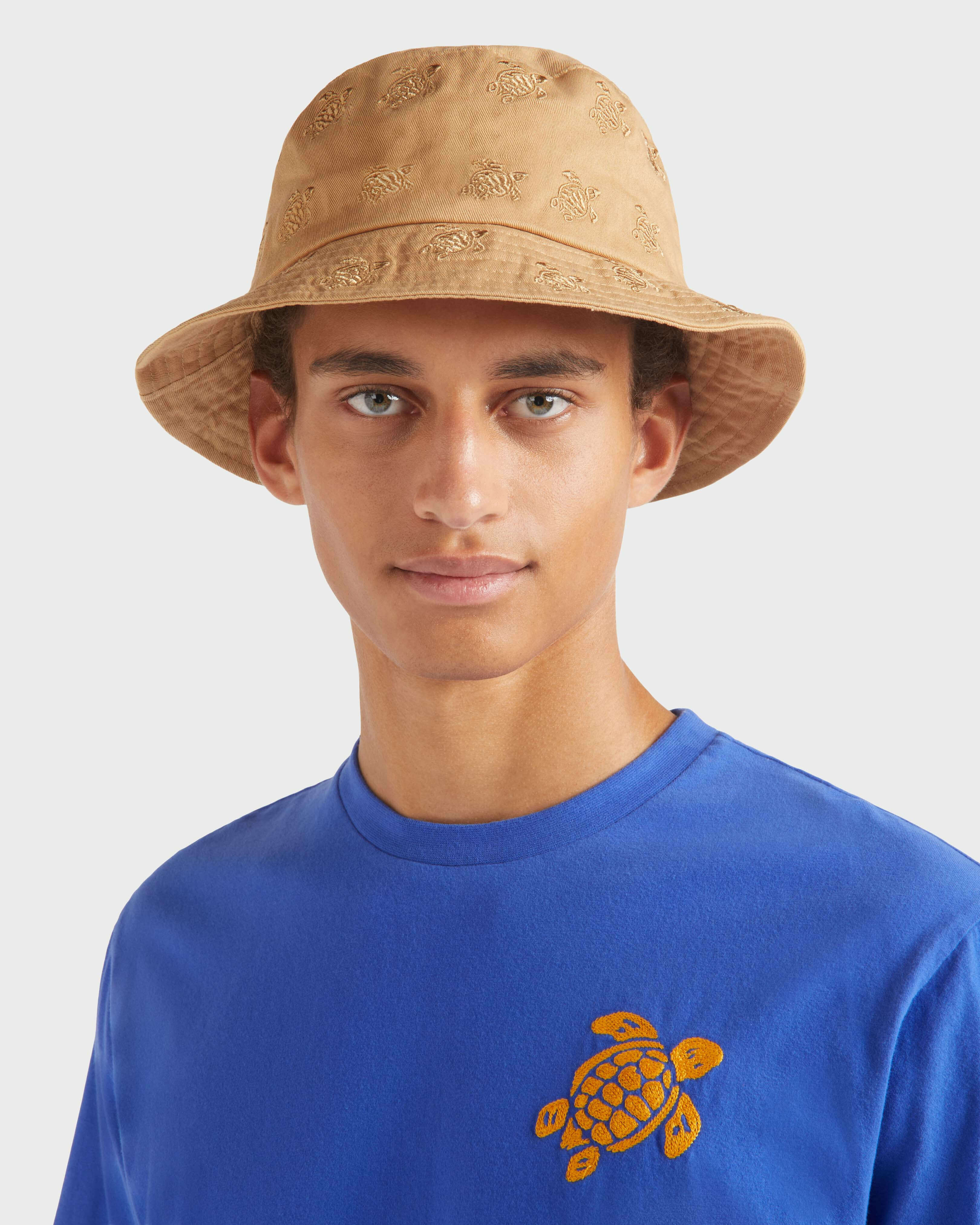 Embroidered Bucket Hat Turtles All Over MOCHA frontworn view