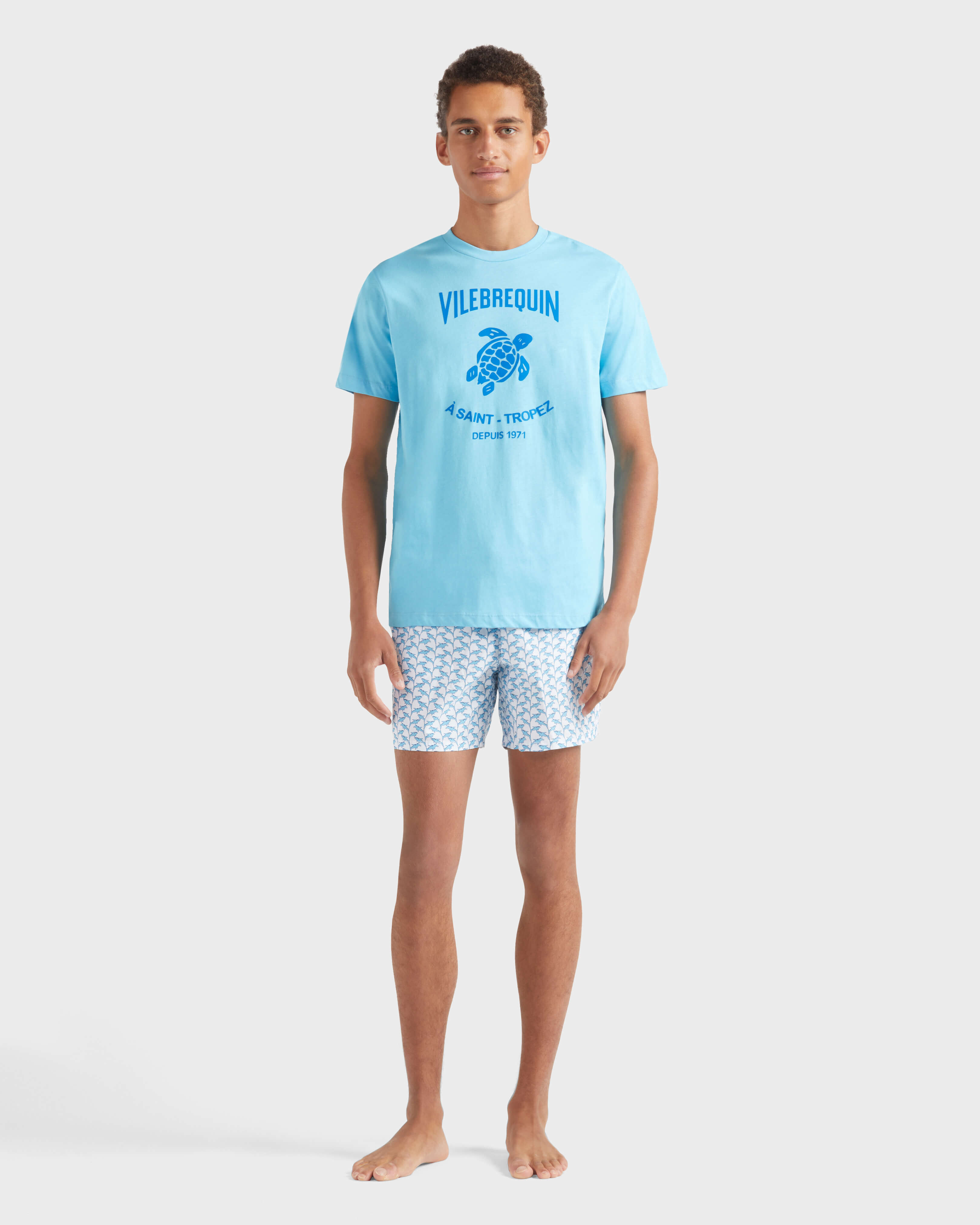 Men Cotton T-shirt Contrasted Placed Gomy Logo BLUE TOPAZ frontworn view