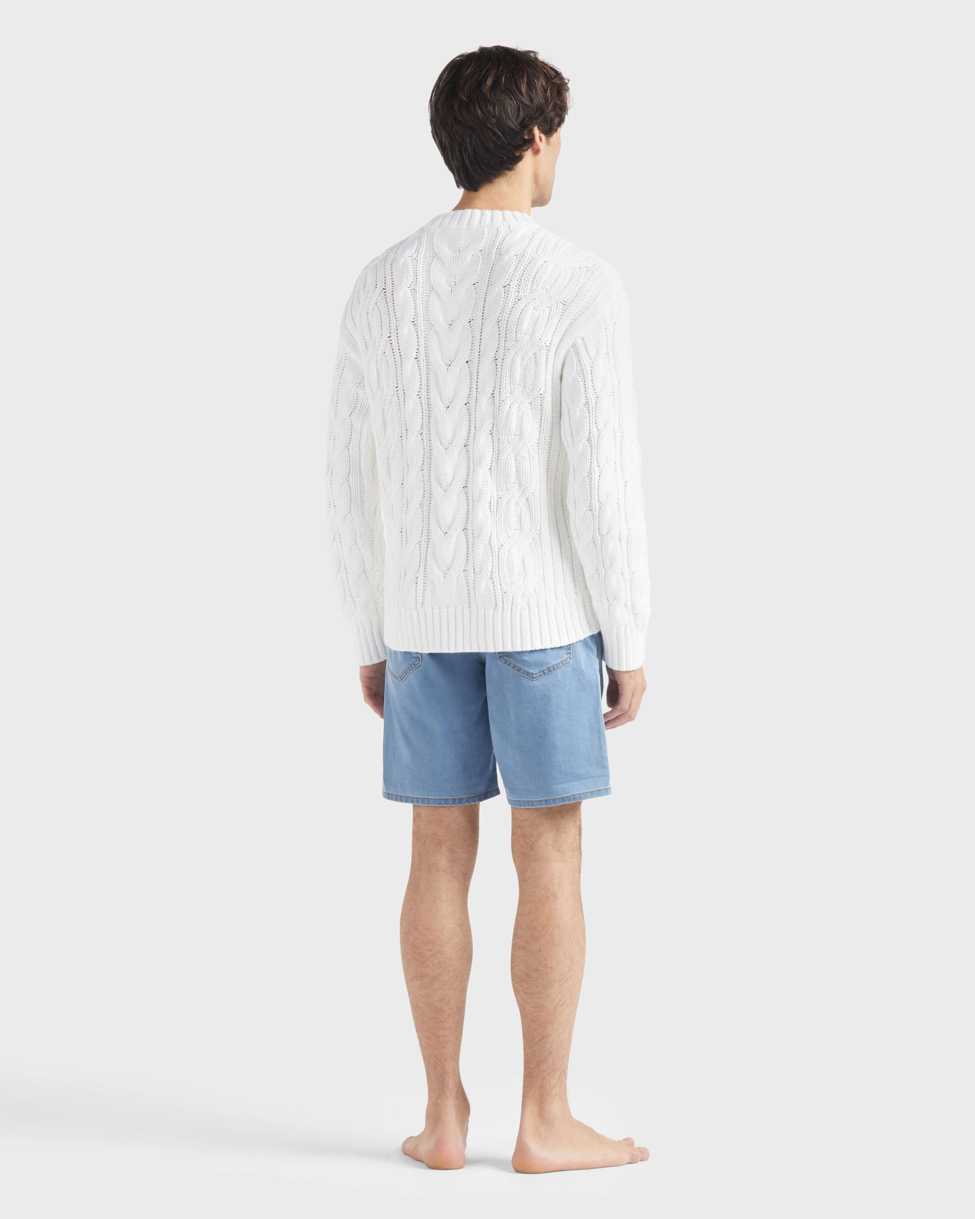 Men Cable-Knit Cotton Sweater WHITE backworn view