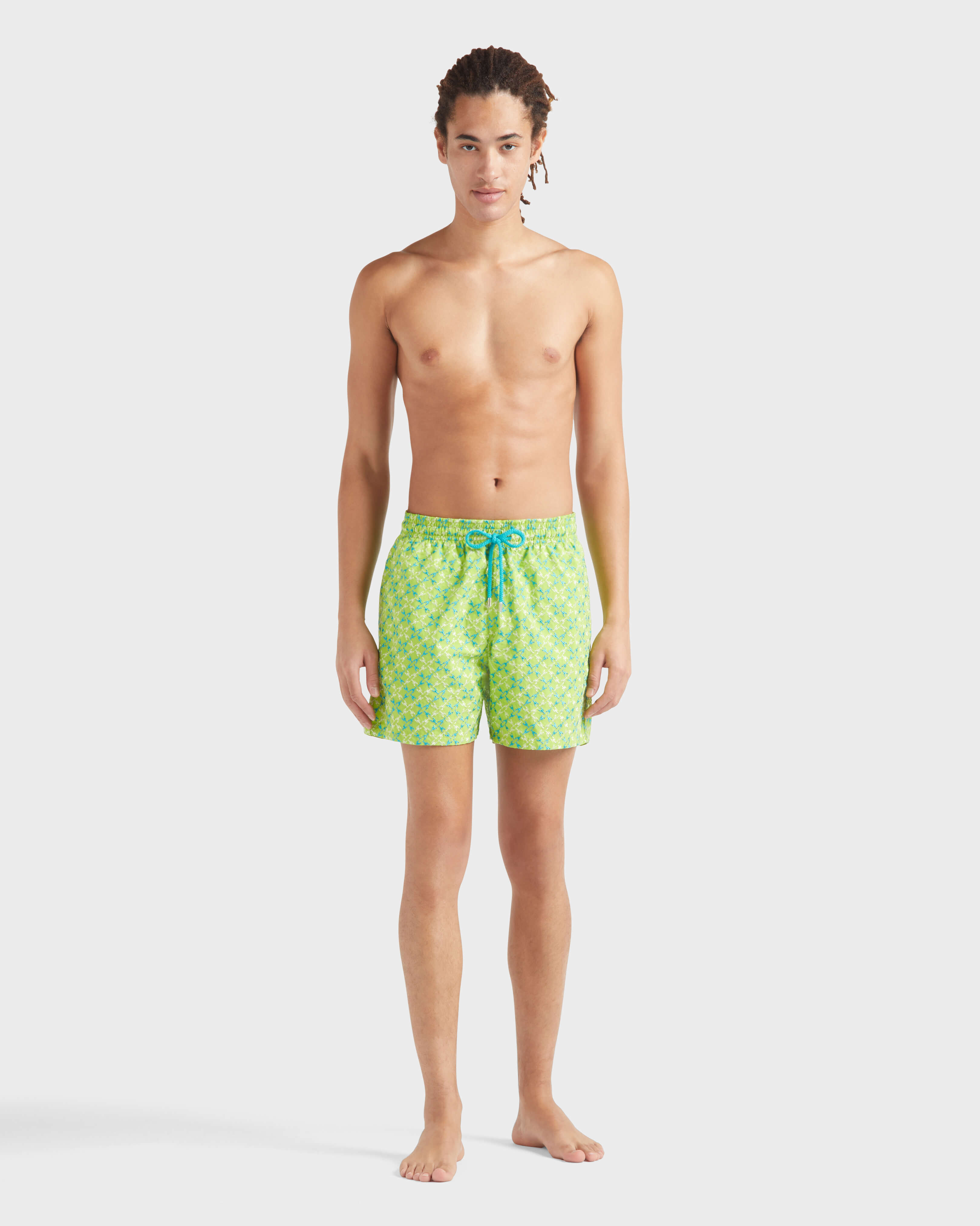 Men Swim Trunks Embroidered Homard Pixel - Limited Edition LIME frontworn view