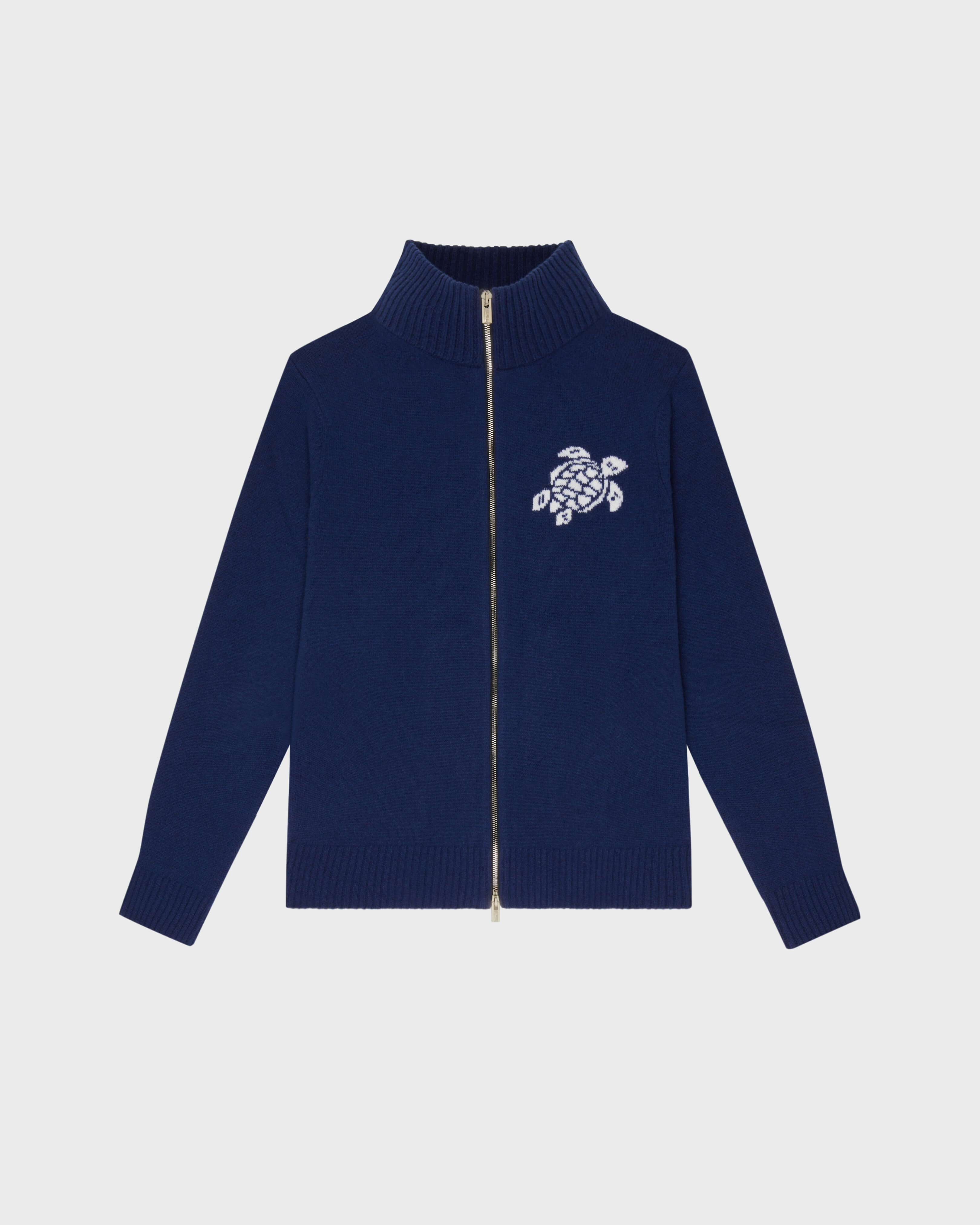 Men Wool and Cashmere Full Zip Sweater Turtle NAVY front view