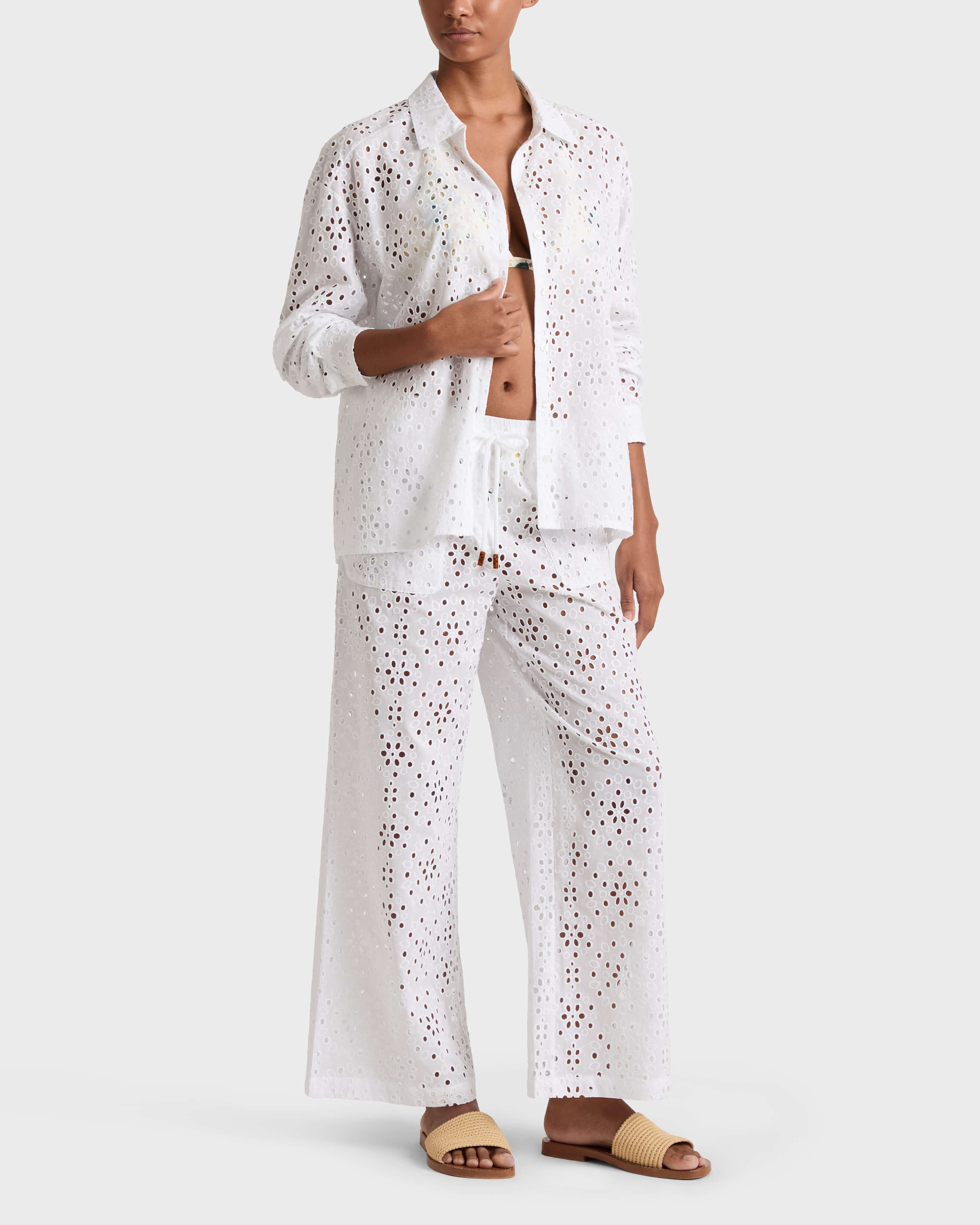 Pantaloni fluidi in pizzo sangallo floreale donna BIANCO frontworn view