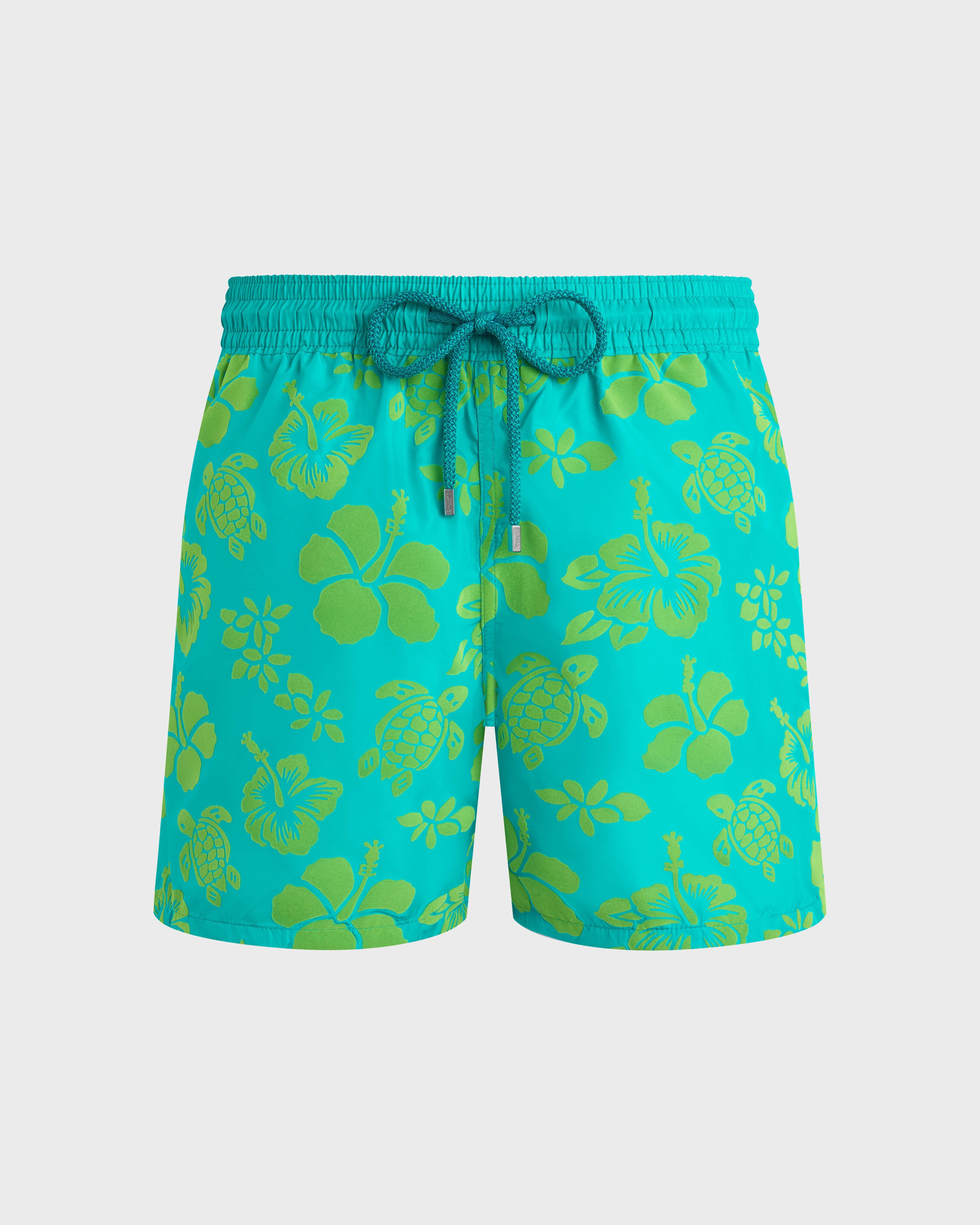 Men Ultra-light and packable Flocked Swim Shorts Tropical Turtle DISCO GREEN front view