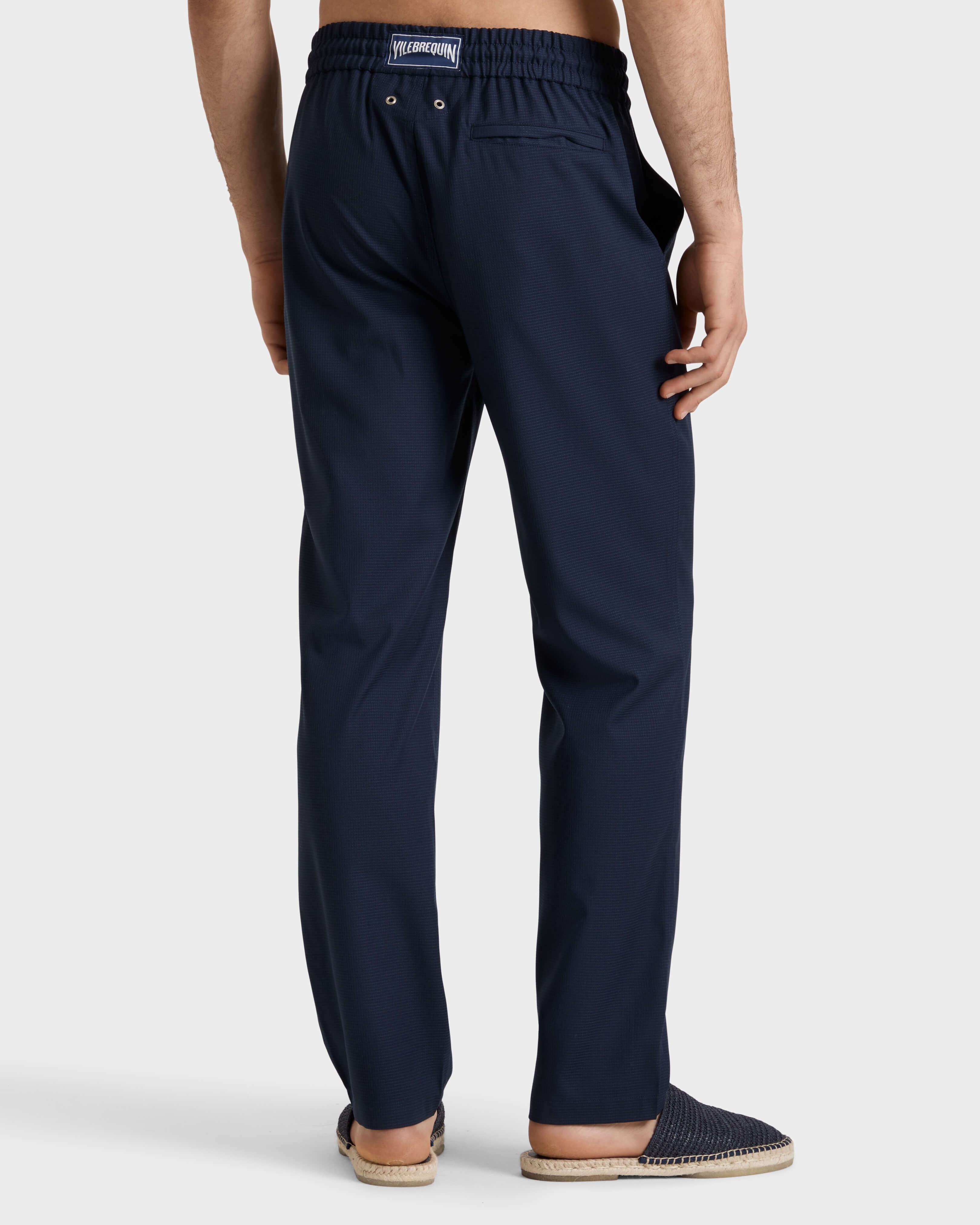 Pantalon en laine Super 120's homme Micro Carreaux BLEU MARINE backworn view