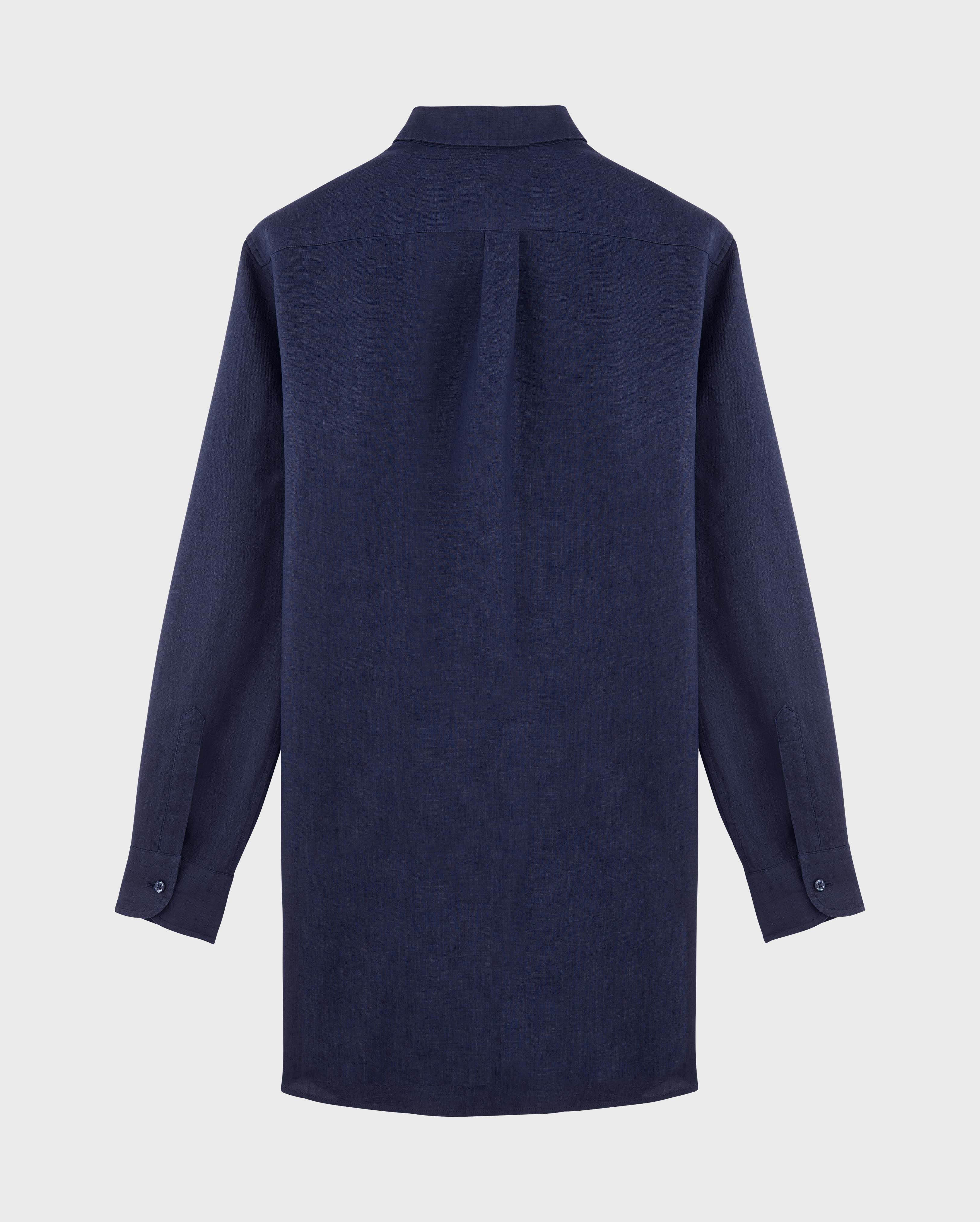 Vestido camisero de lino liso para mujer AZUL MARINO back view