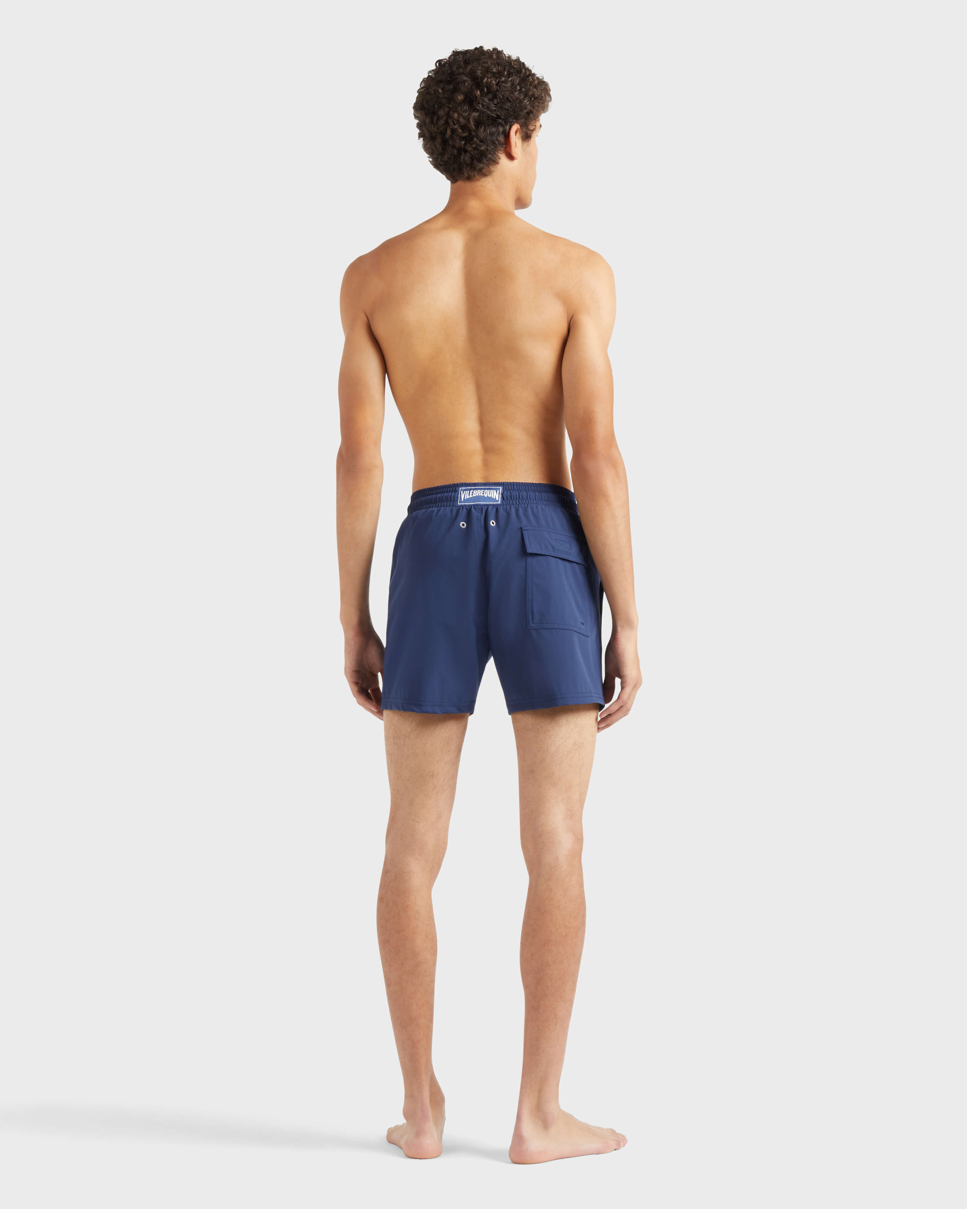 Men Stretch Short Swim trunks Solid NAVY backworn view