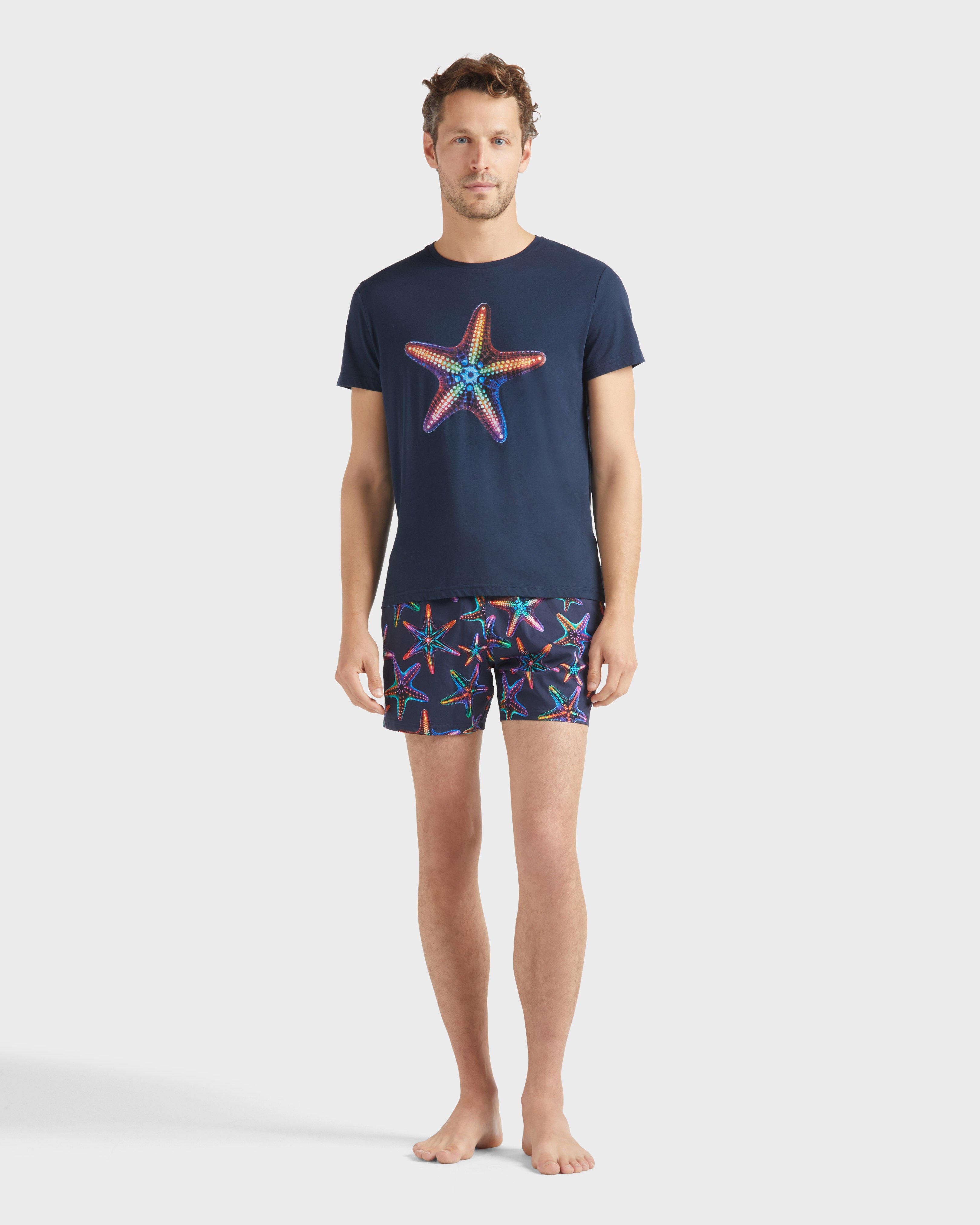 Men Organic Cotton T-shirt Disco Stars NAVY frontworn view