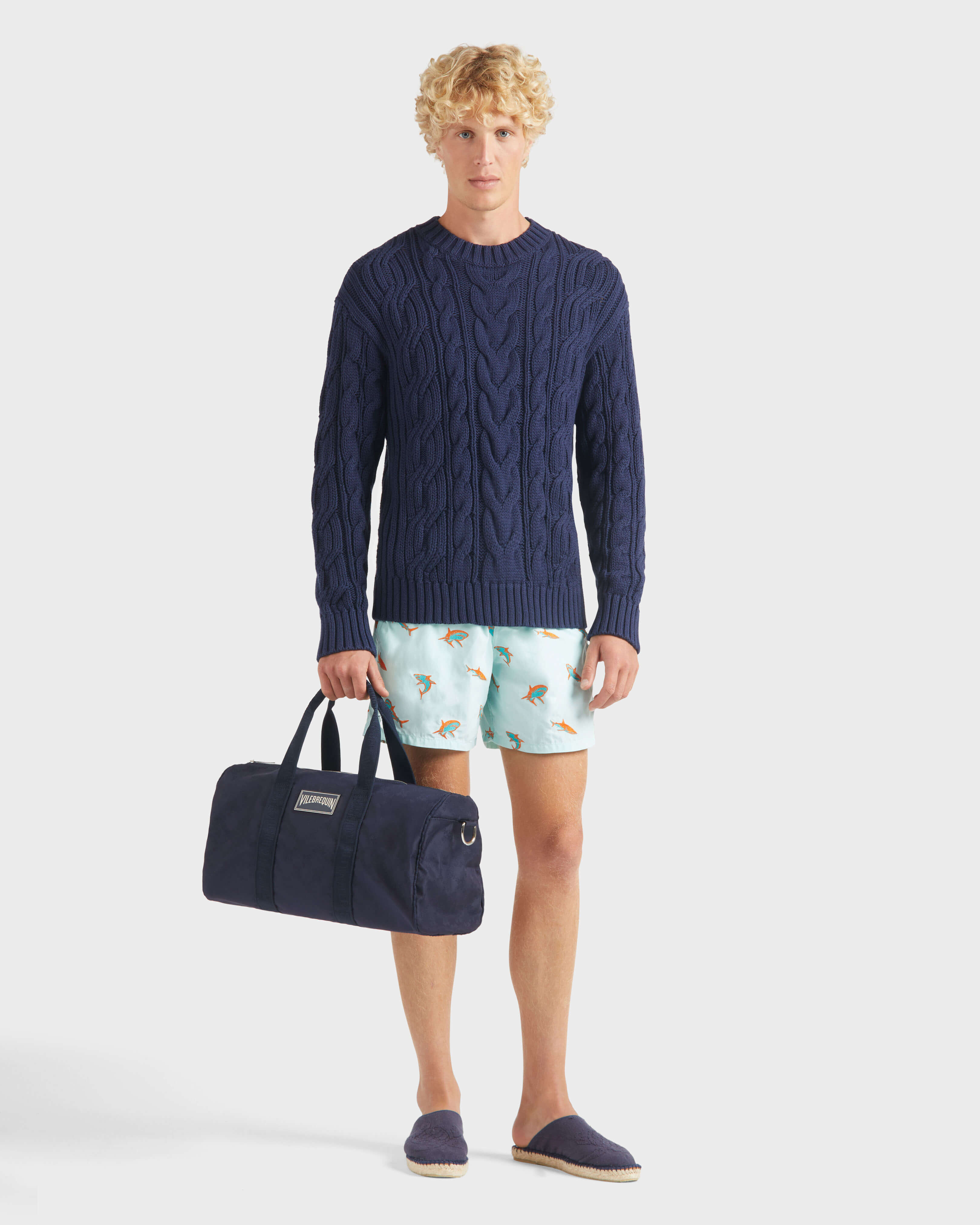 Men Cable-Knit Cotton Sweater NAVY supp1 view