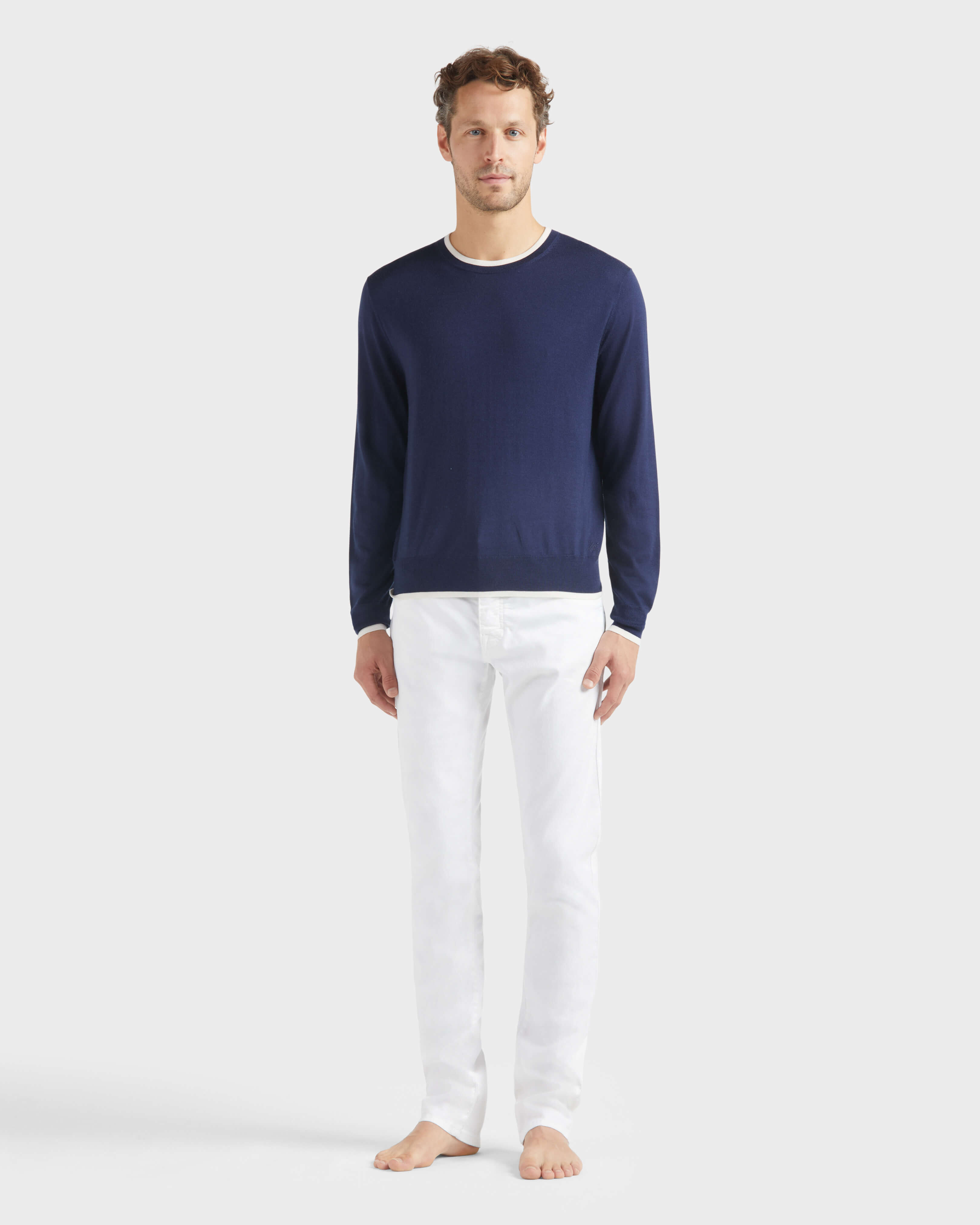 Men Merino Wool Cashmere Silk Crewneck Sweater NAVY frontworn view
