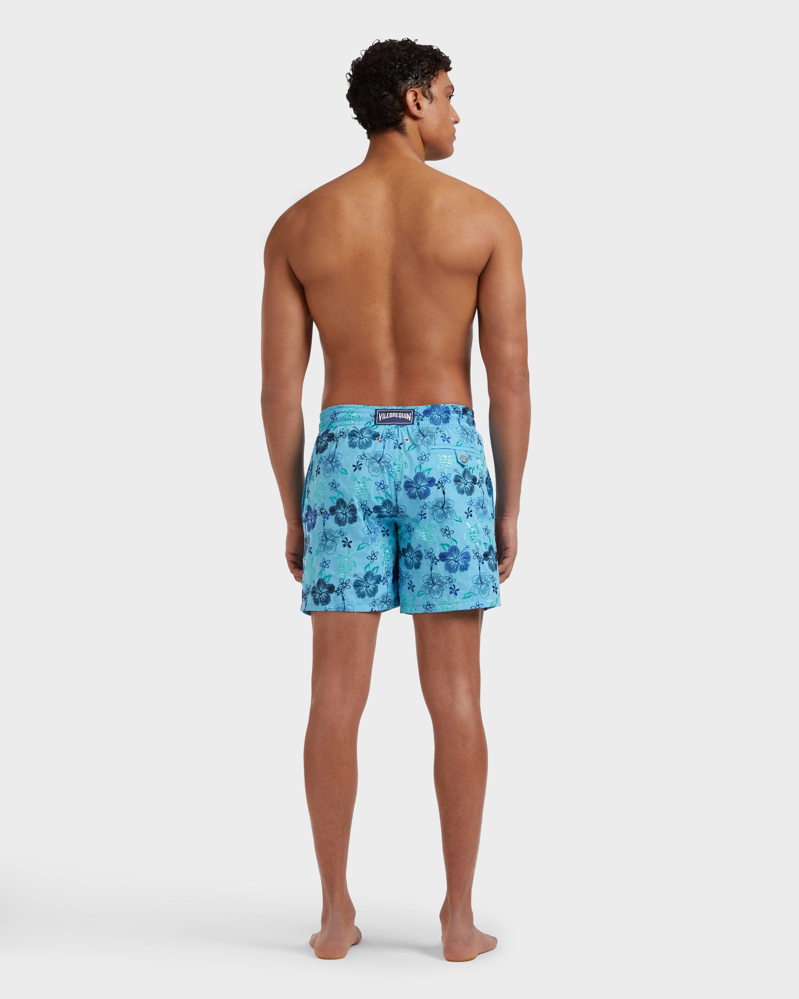 Men Swim Shorts Embroidered Tropical Turtles - Limited Edition BLUE TOPAZ backworn view