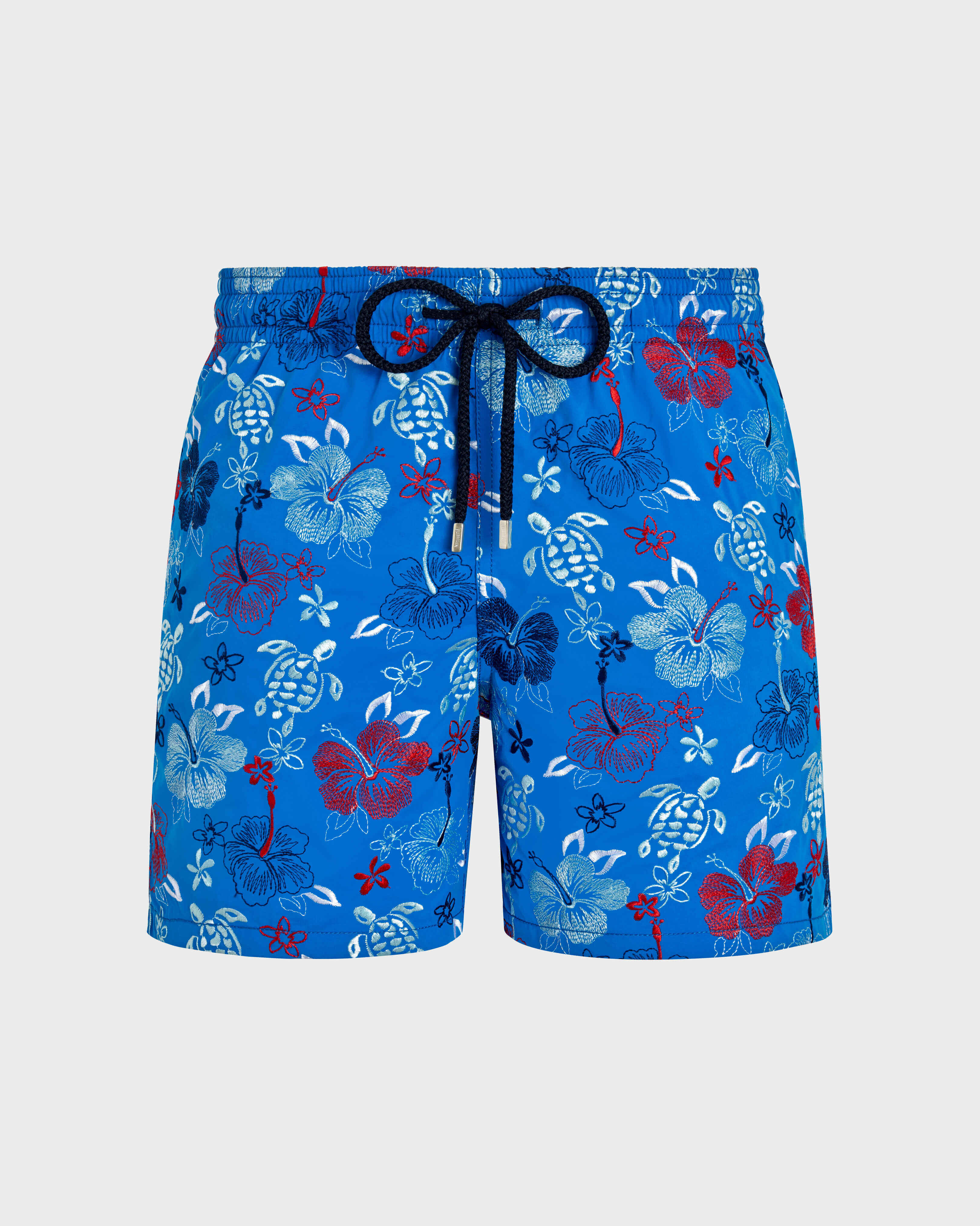 Men Swim Shorts Embroidered Tropical Turtles - Limited Edition NEON BLUE front view