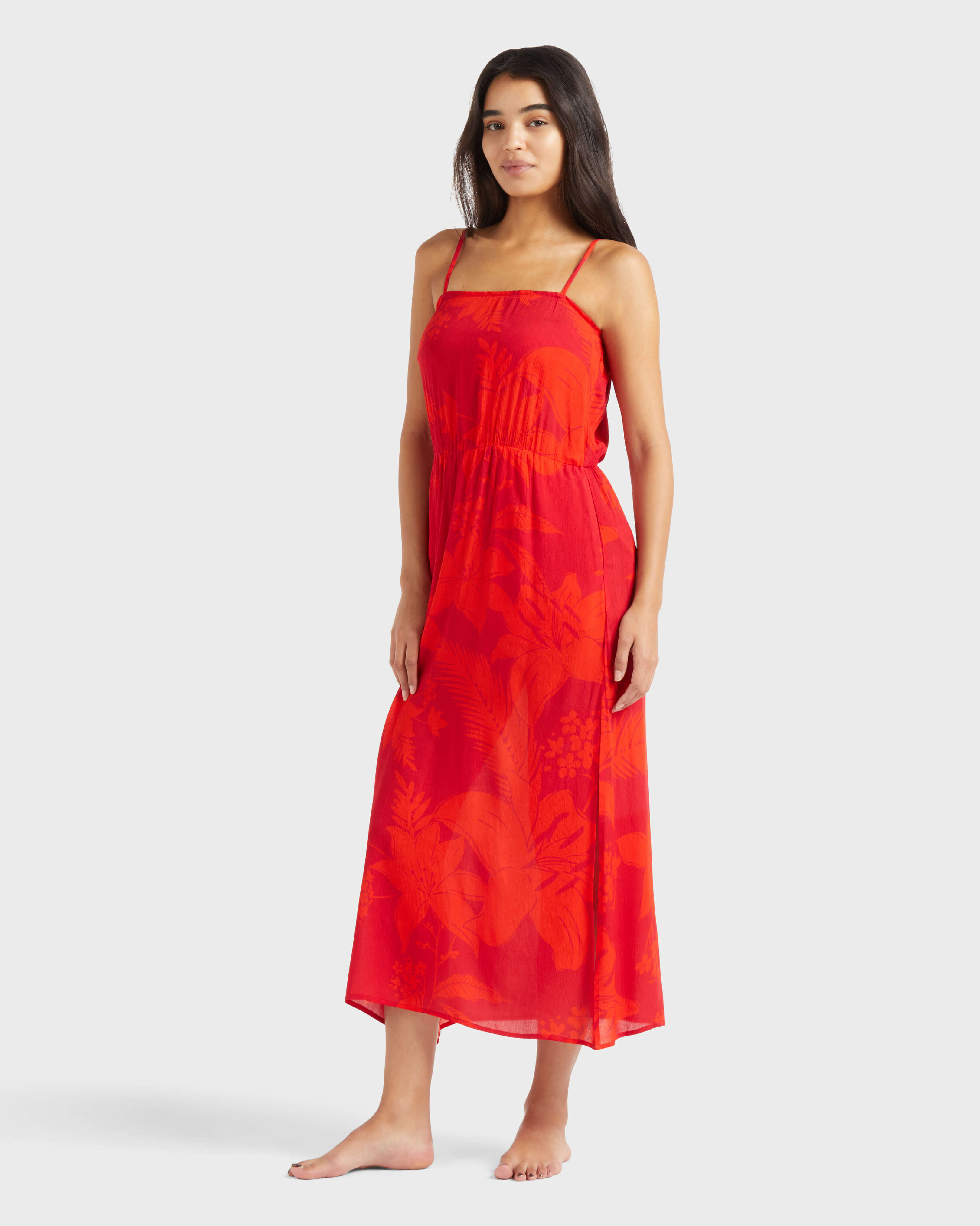 Women Long Viscose Dress Flower Power LIPSTICK frontworn view