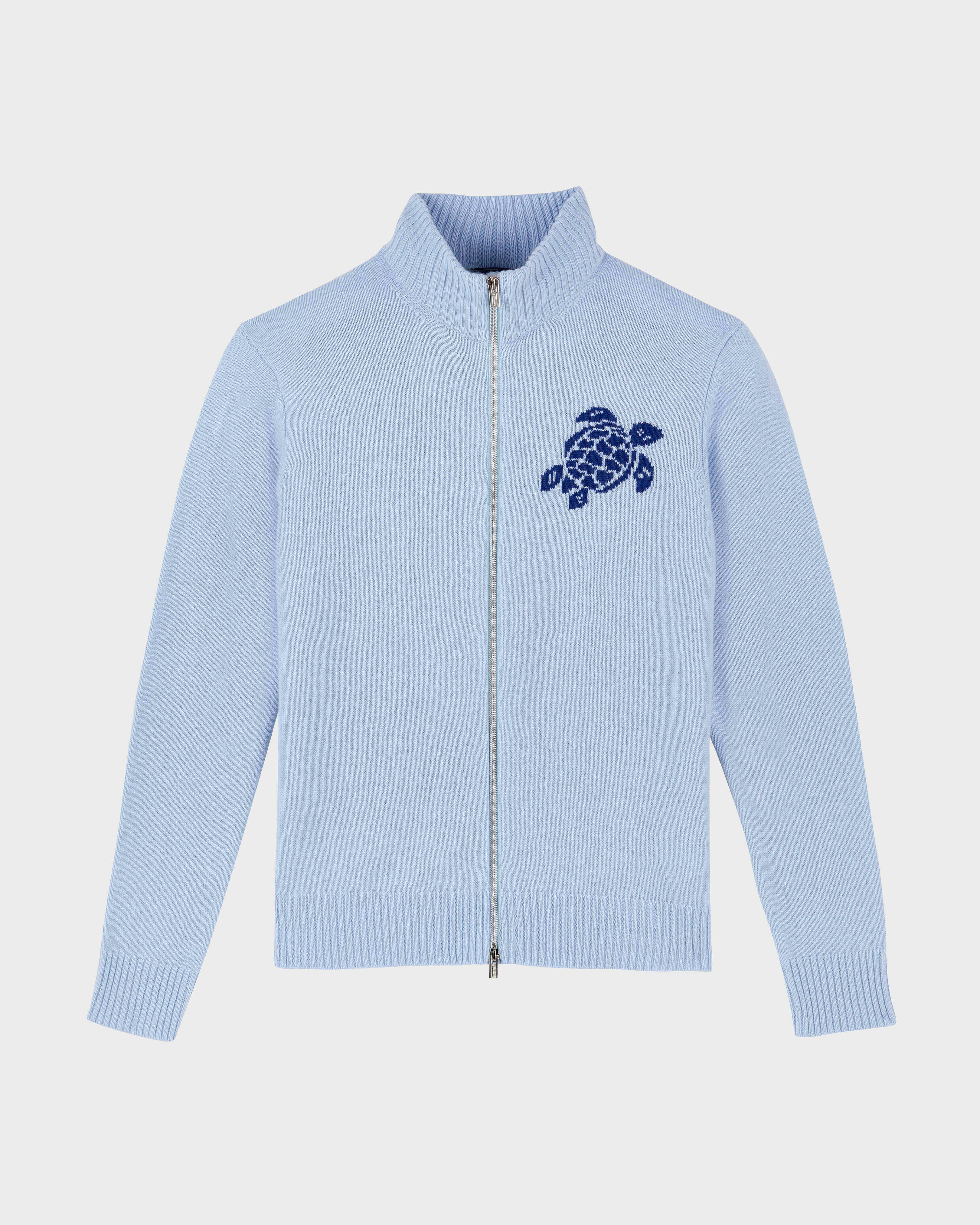 Men Wool Cashmere Full Zip Sweater Turtle TROPEZIAN BLUE front view