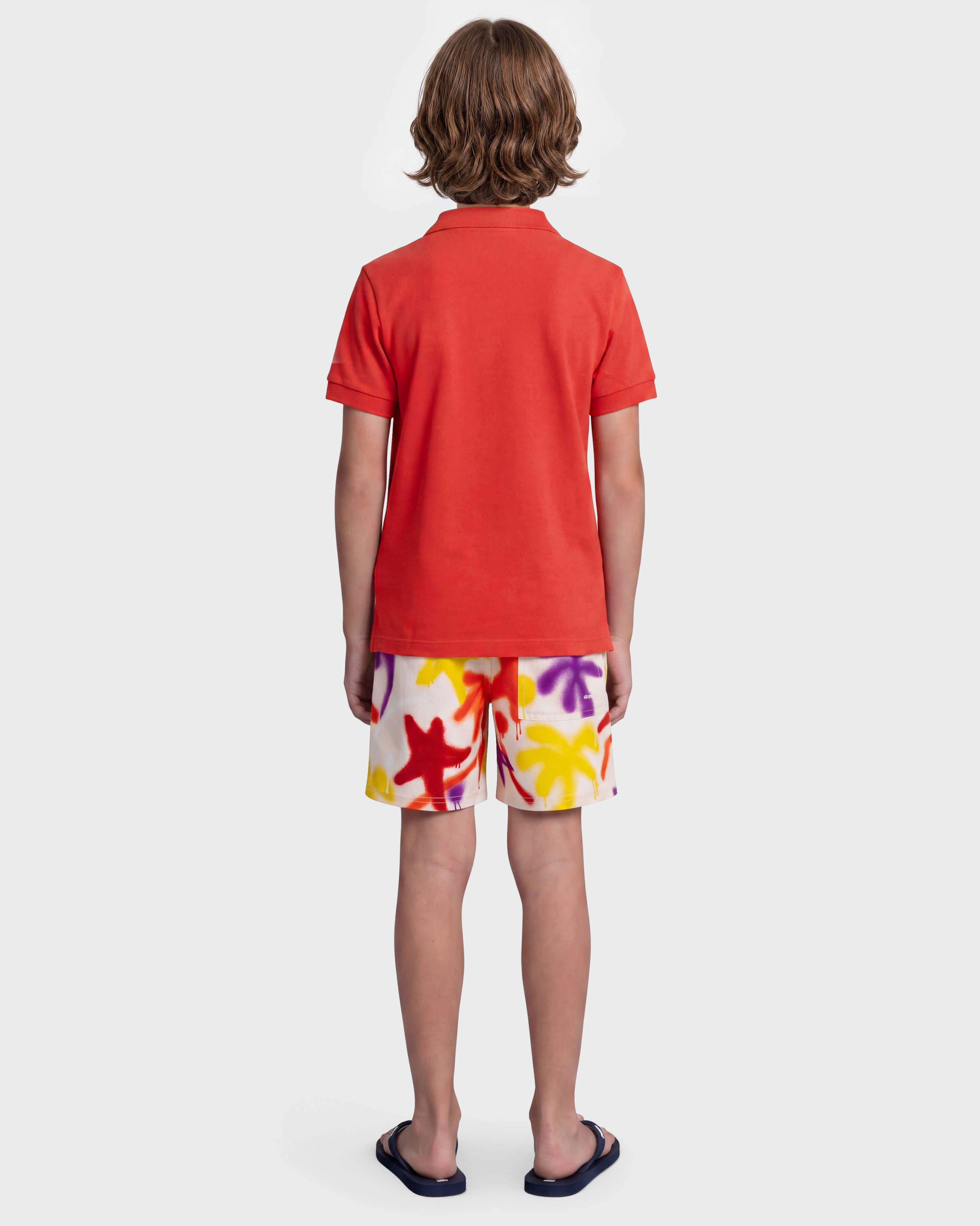 Boys Pique Cotton Polo Embroidered Turtle POPPY RED backworn view