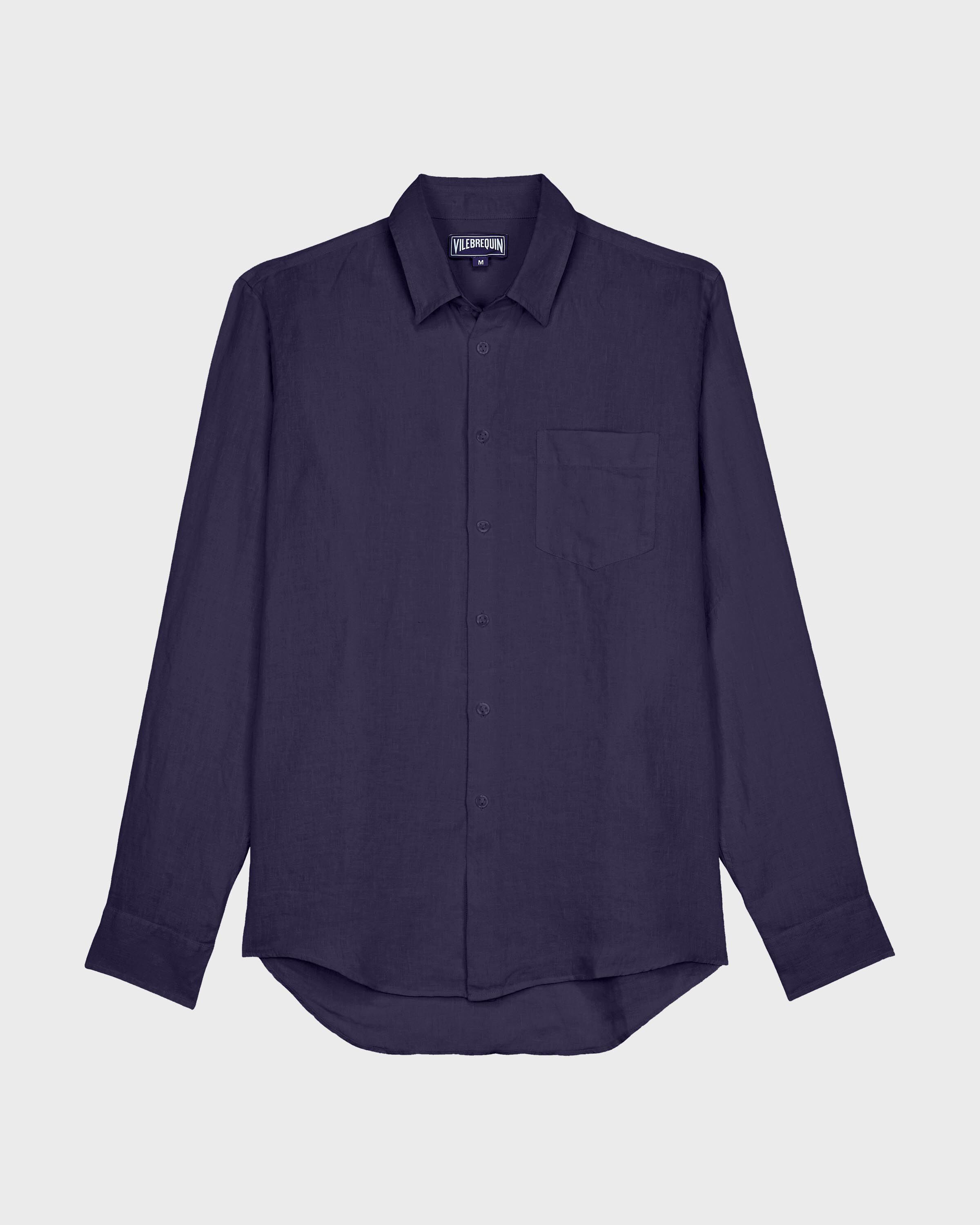 Men Linen and Cotton Shirt Jacquard Turtle Monogram NAVY front view