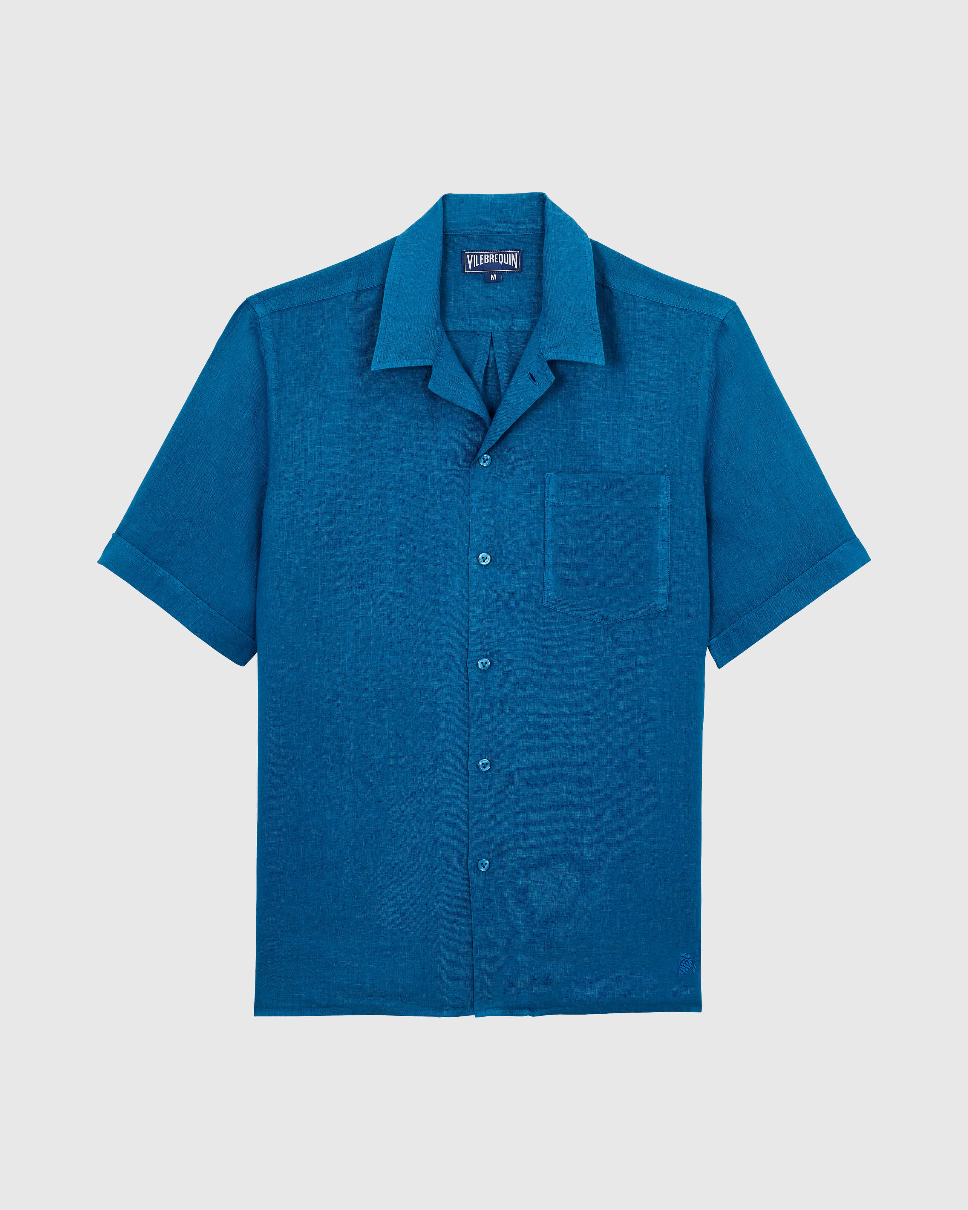 Men Bowling Linen Shirt Solid PEACOCK front view