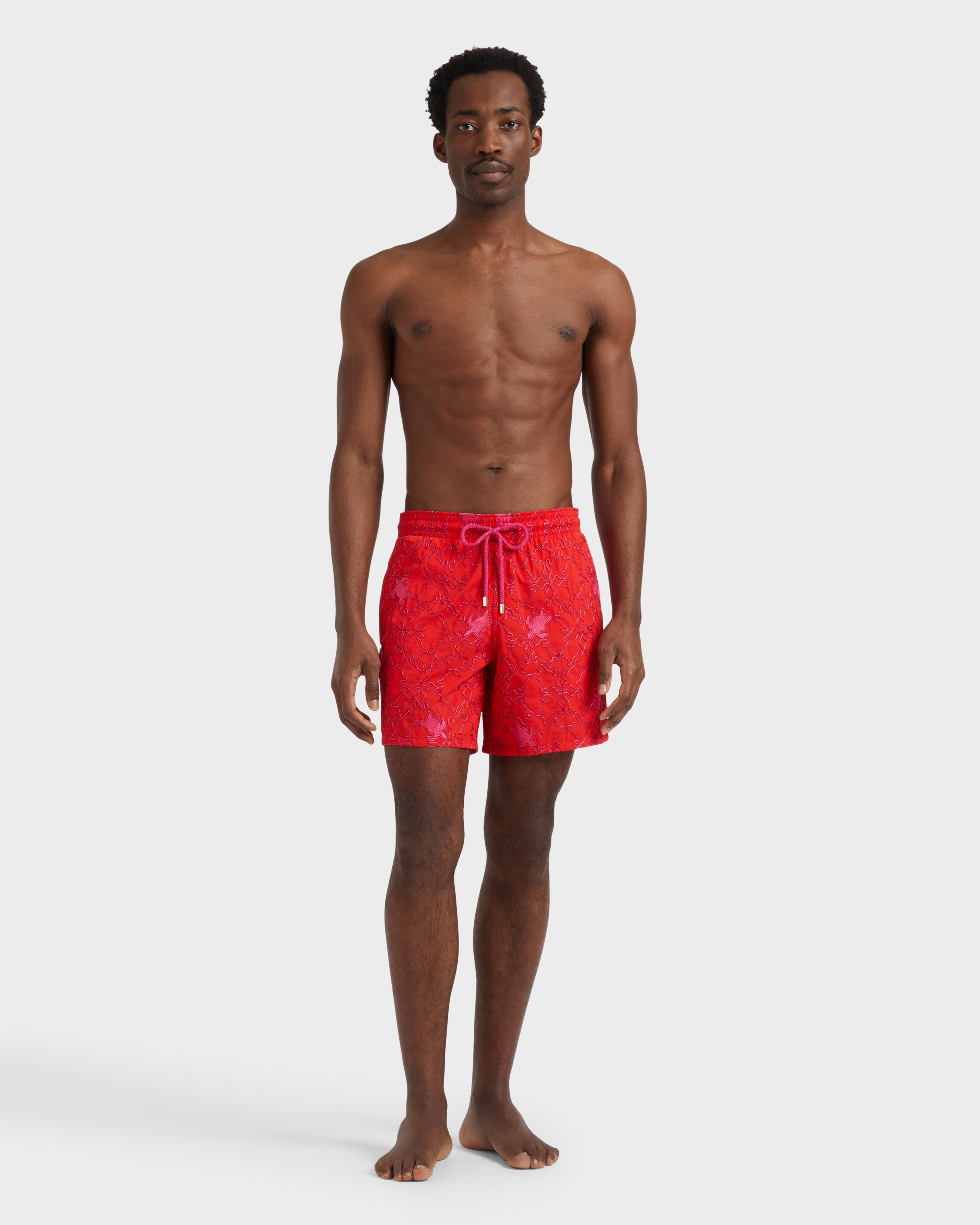 Men Swim Shorts Embroidered Turtles Net - Limited Edition POPPY RED frontworn view