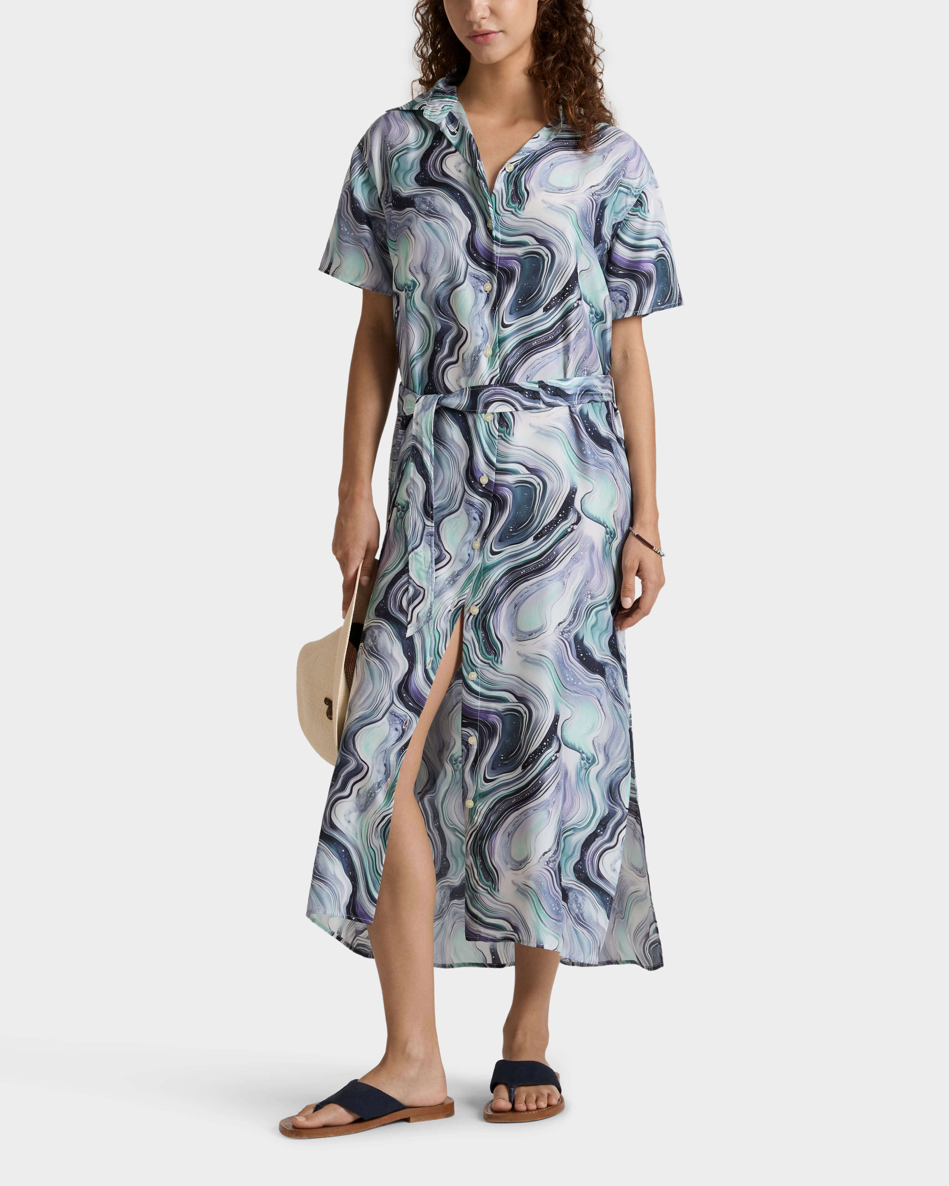 Vestido camisero largo de seda con estampado Marble para mujer BLANCO frontworn view