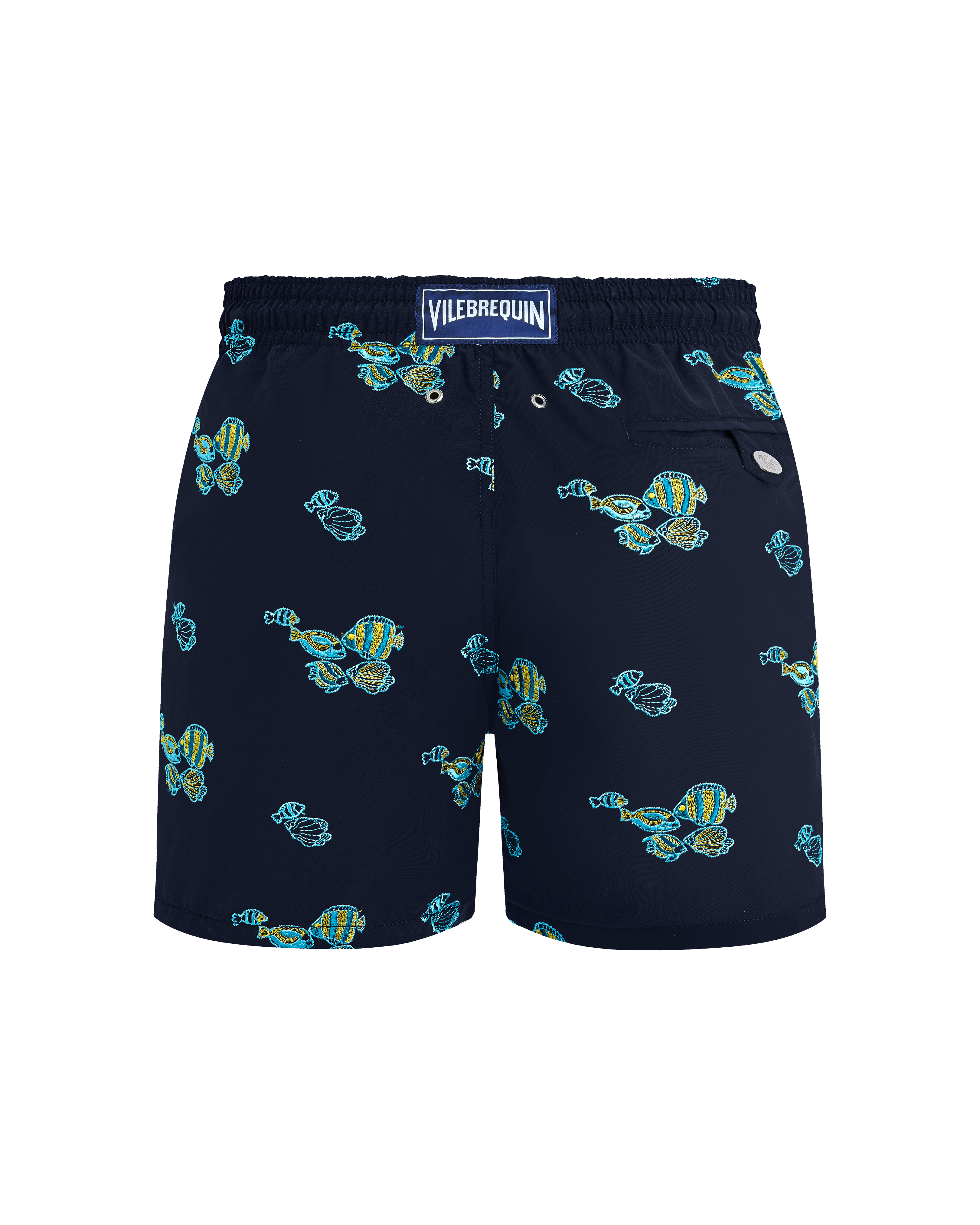 Men Swim trunks Embroidered Fishy Vibes NAVY back view