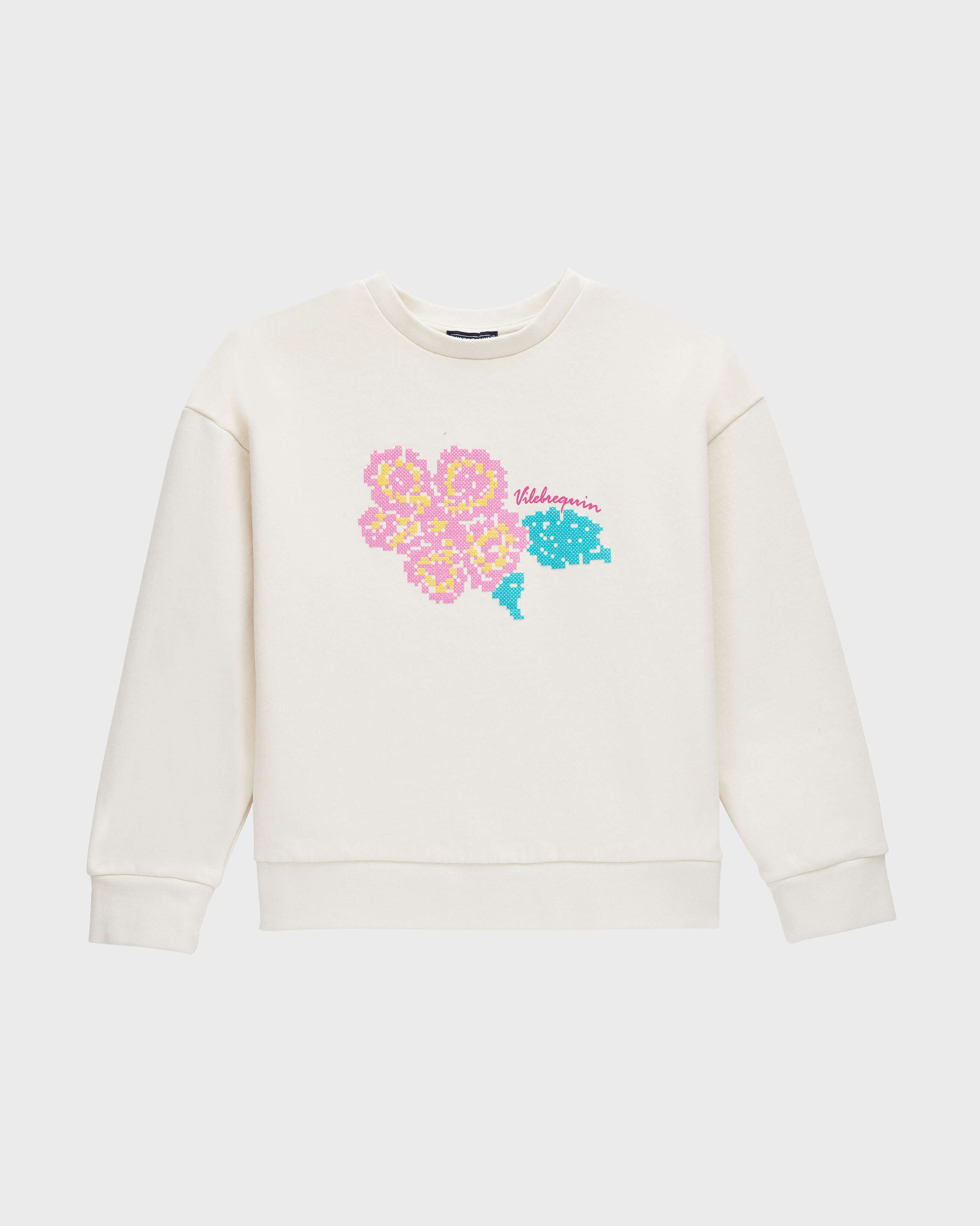Girls Round-Neck Sweatshirt Hibiscus Embroidered OFF WHITE front view
