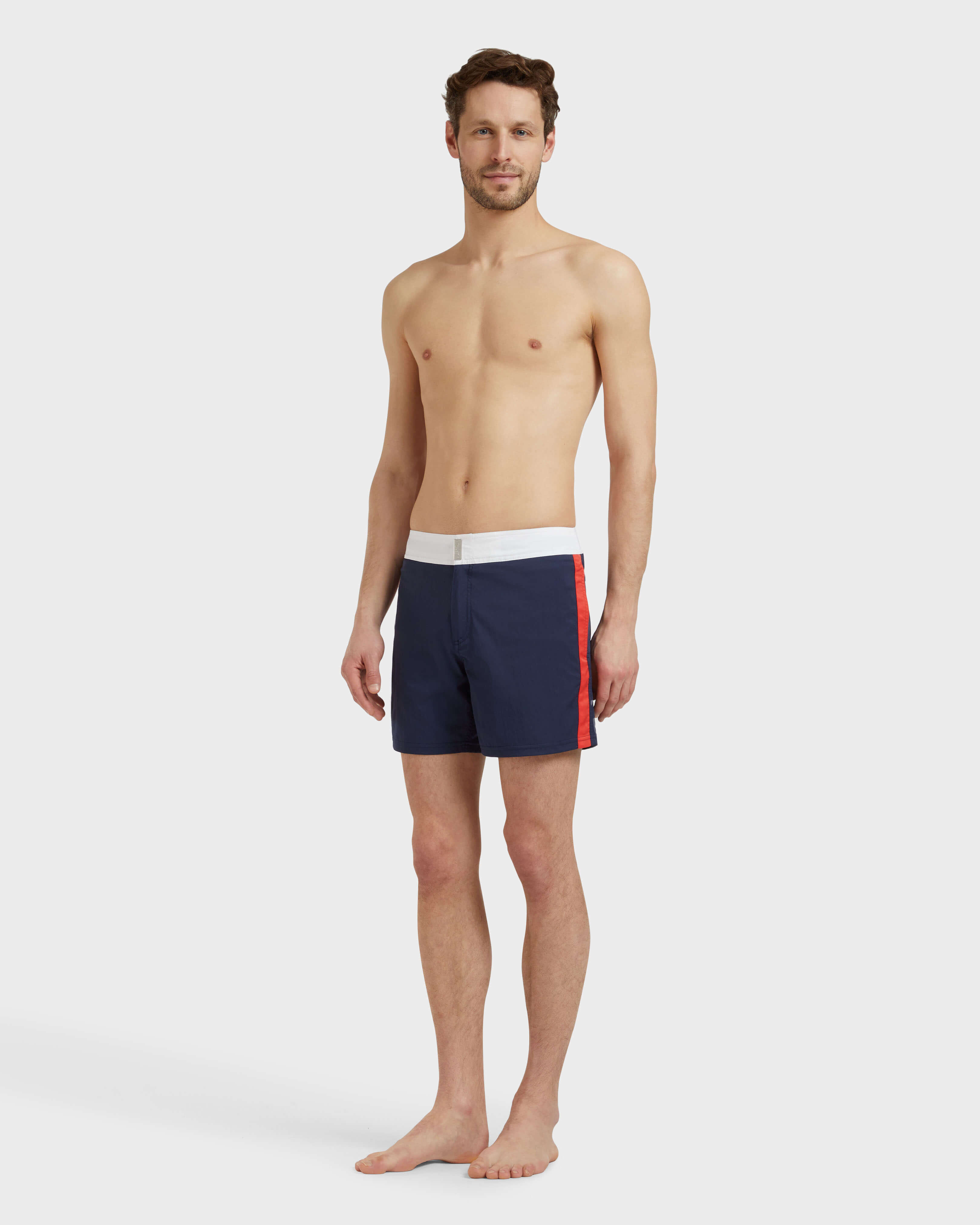 Men Stretch Swim Trunks Flat Belt Color Block NAVY frontworn view