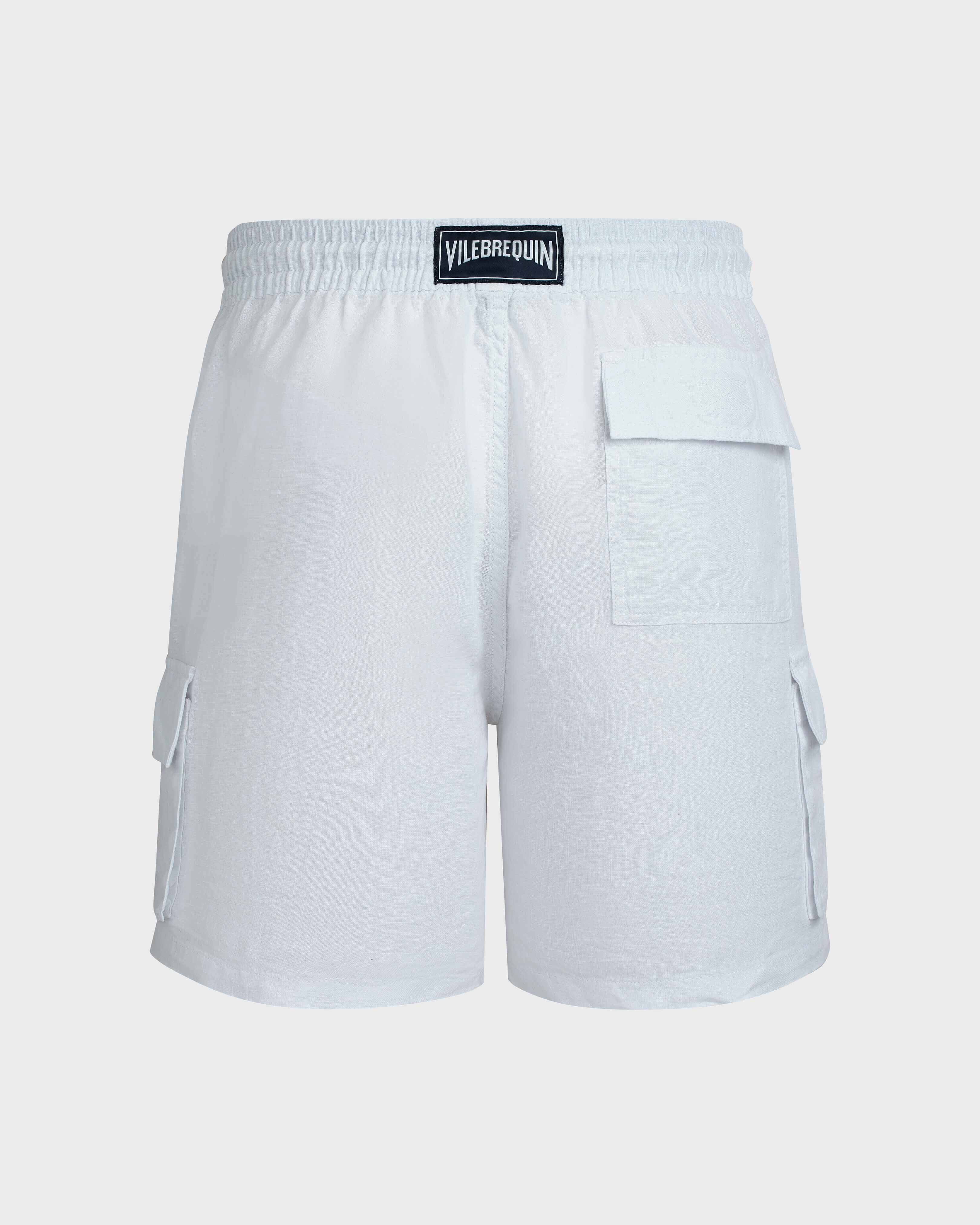 Men Linen Bermuda Shorts Cargo Pockets WHITE back view