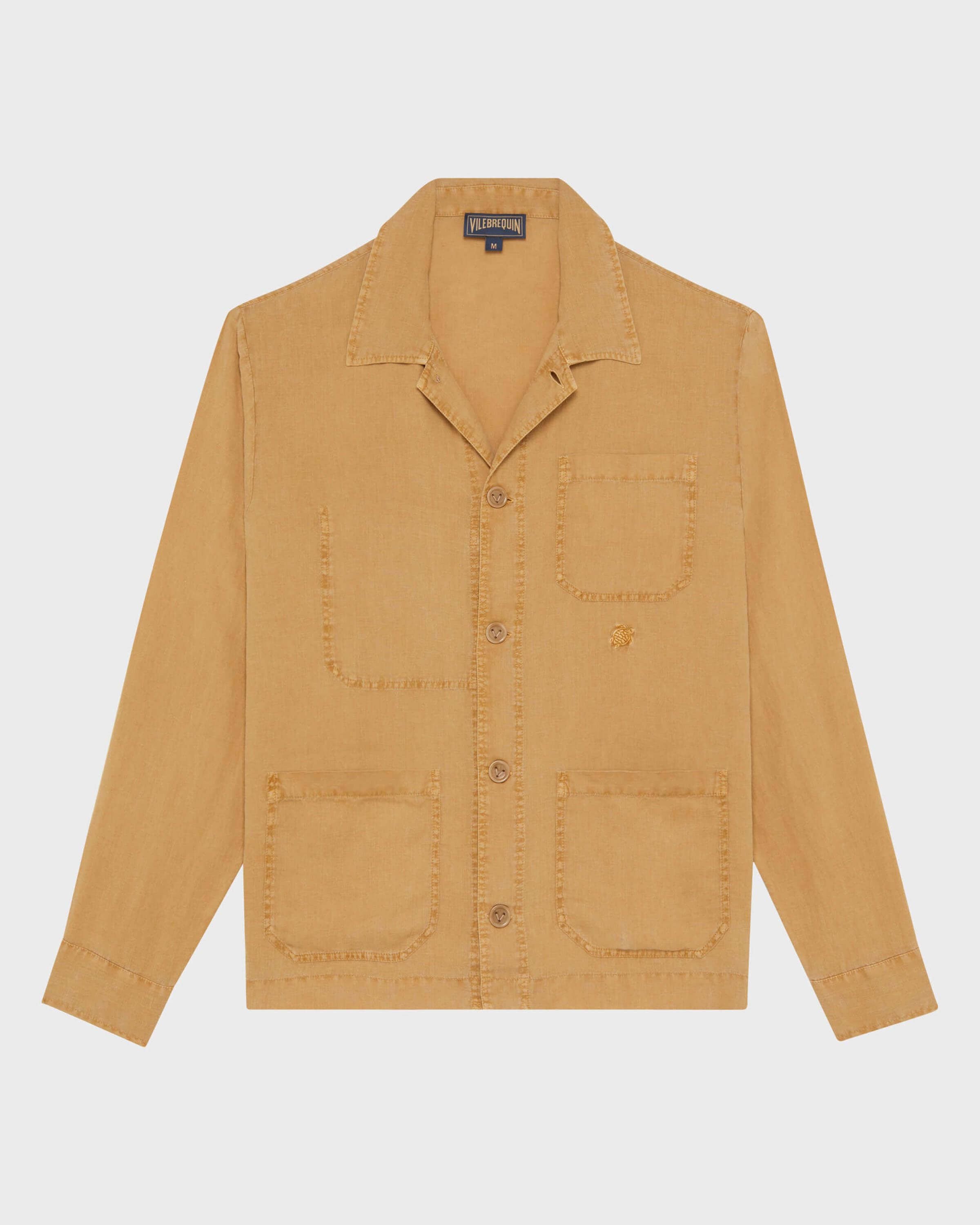 Men Linen Overshirt Mineral Dye Color MOCHA front view