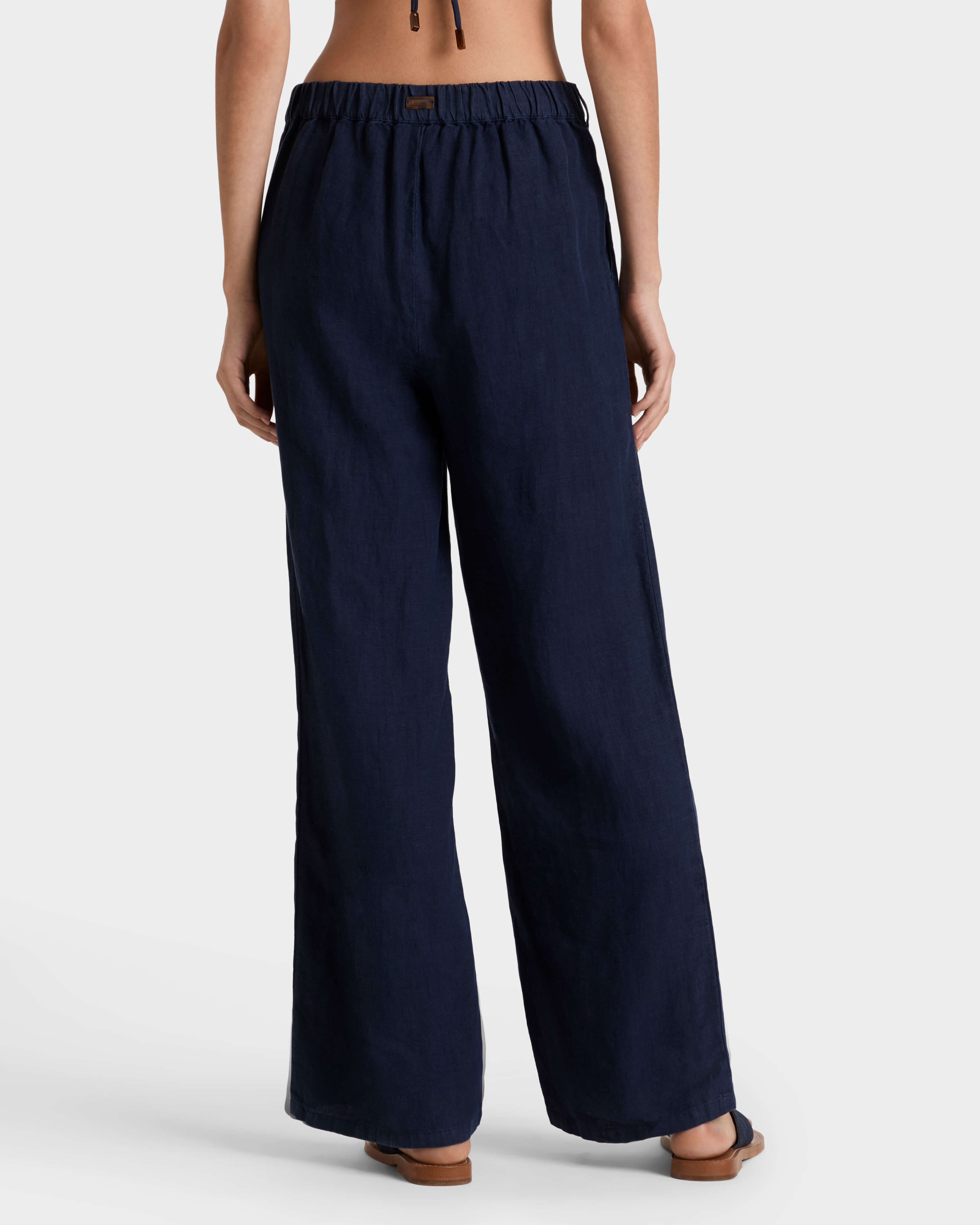 Women Linen Comfort Pants Solid NAVY backworn view