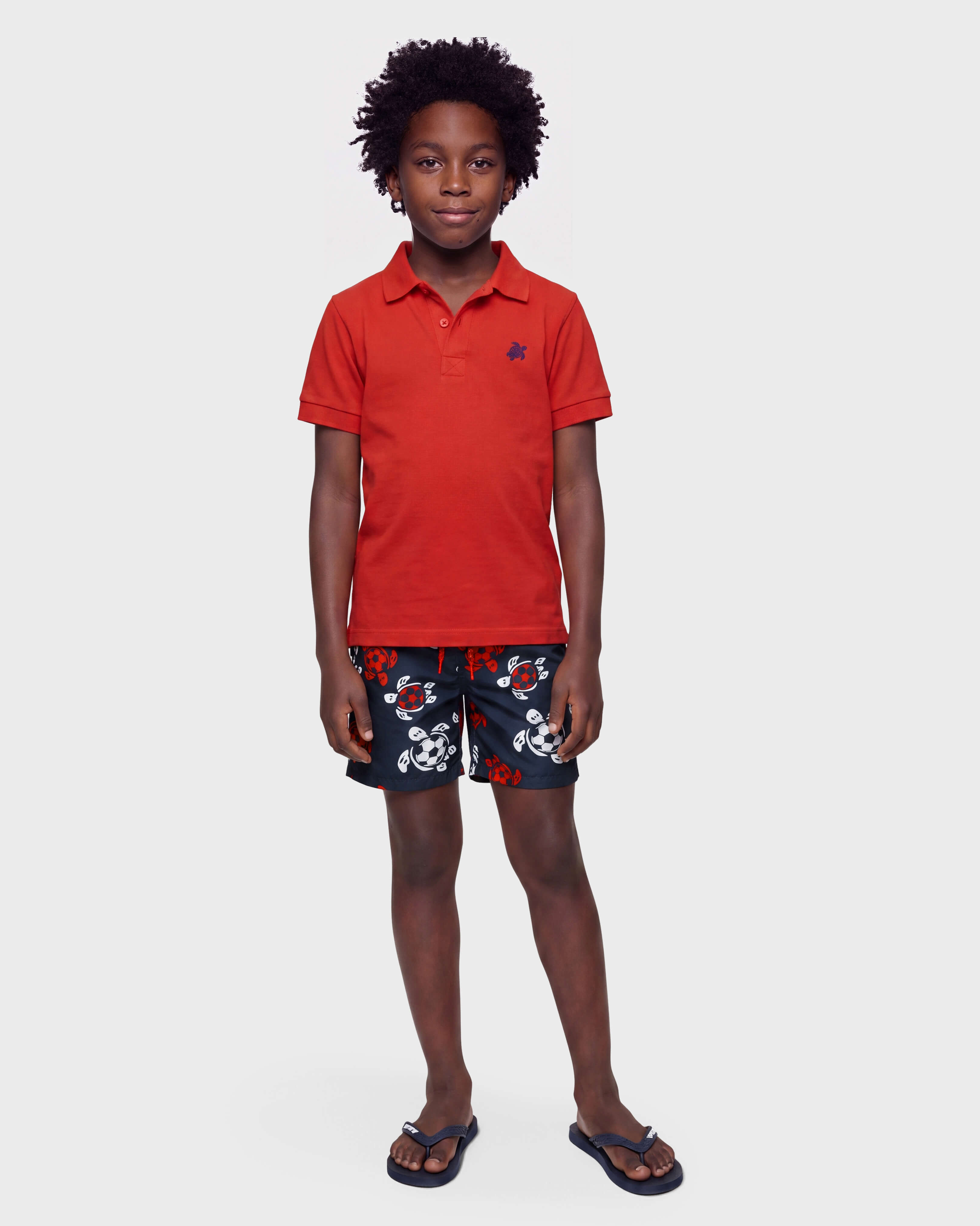 Boys Stretch Swim Trunks Soccer Turtles NAVY frontworn view