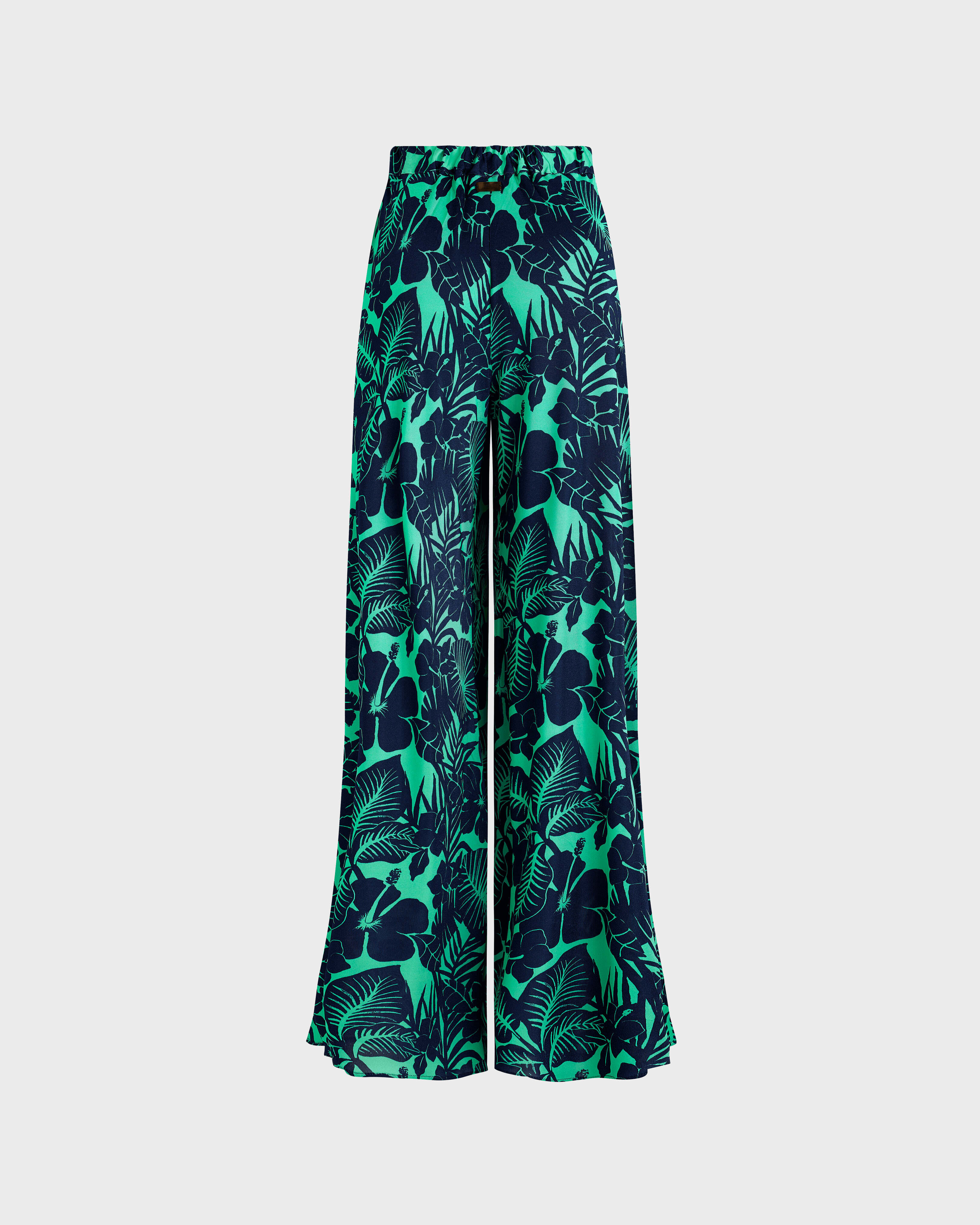 Women Wide-leg Viscose Pants Flowers Paradise GREEN PARADISE back view