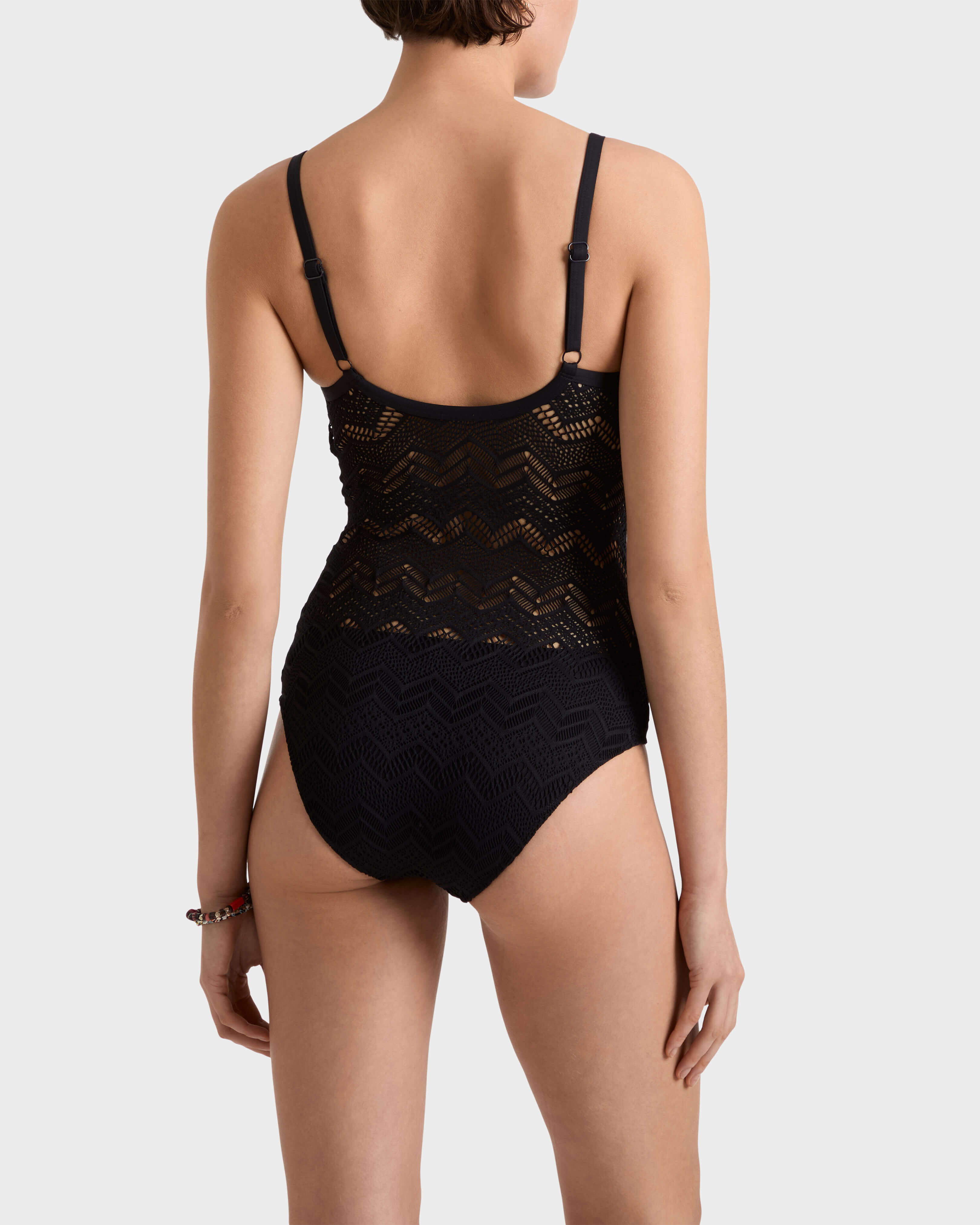 Women Mesh One-piece Swimsuit BLACK backworn view