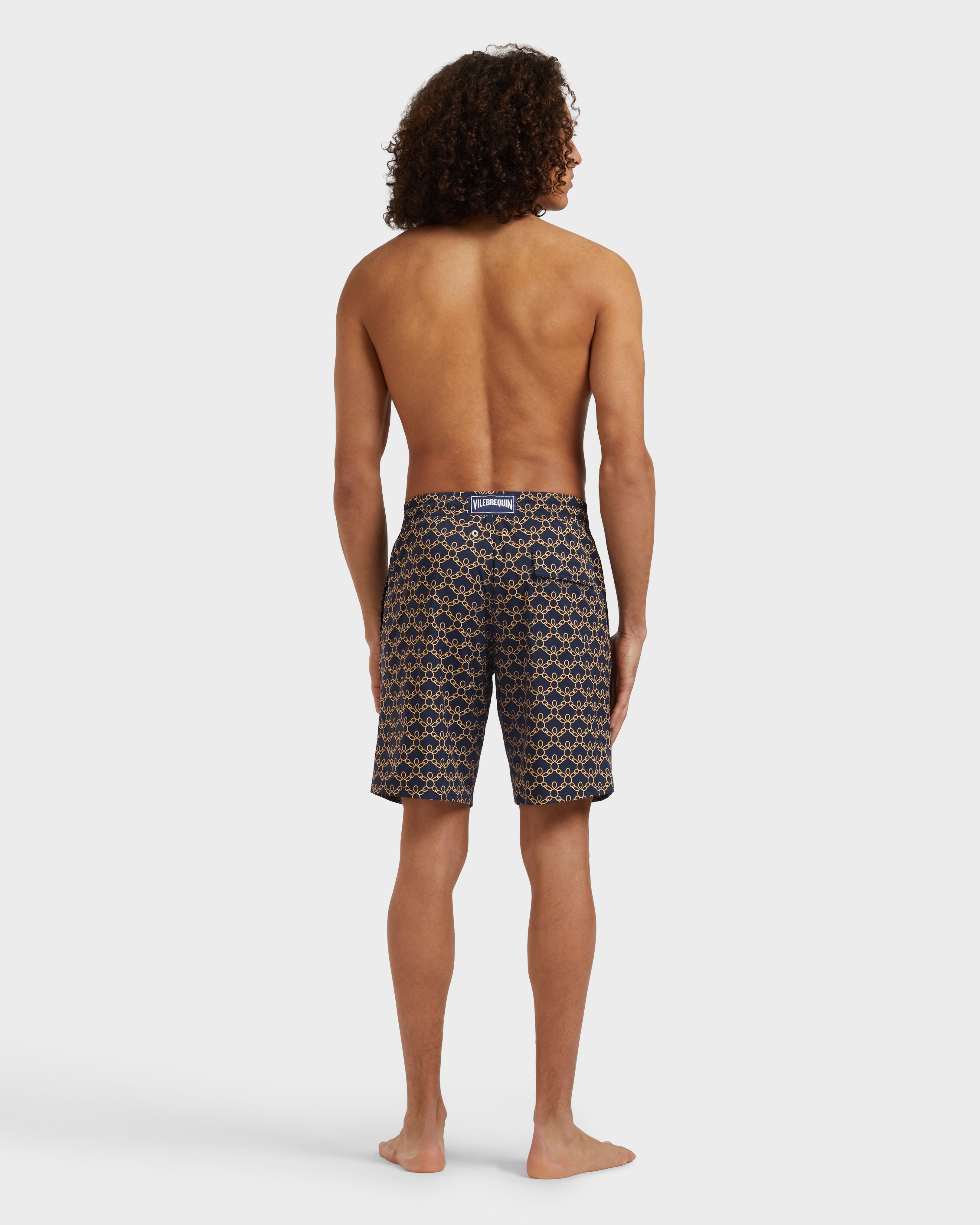 Men Long Stretch Swim Shorts Turtles Chain NAVY backworn view