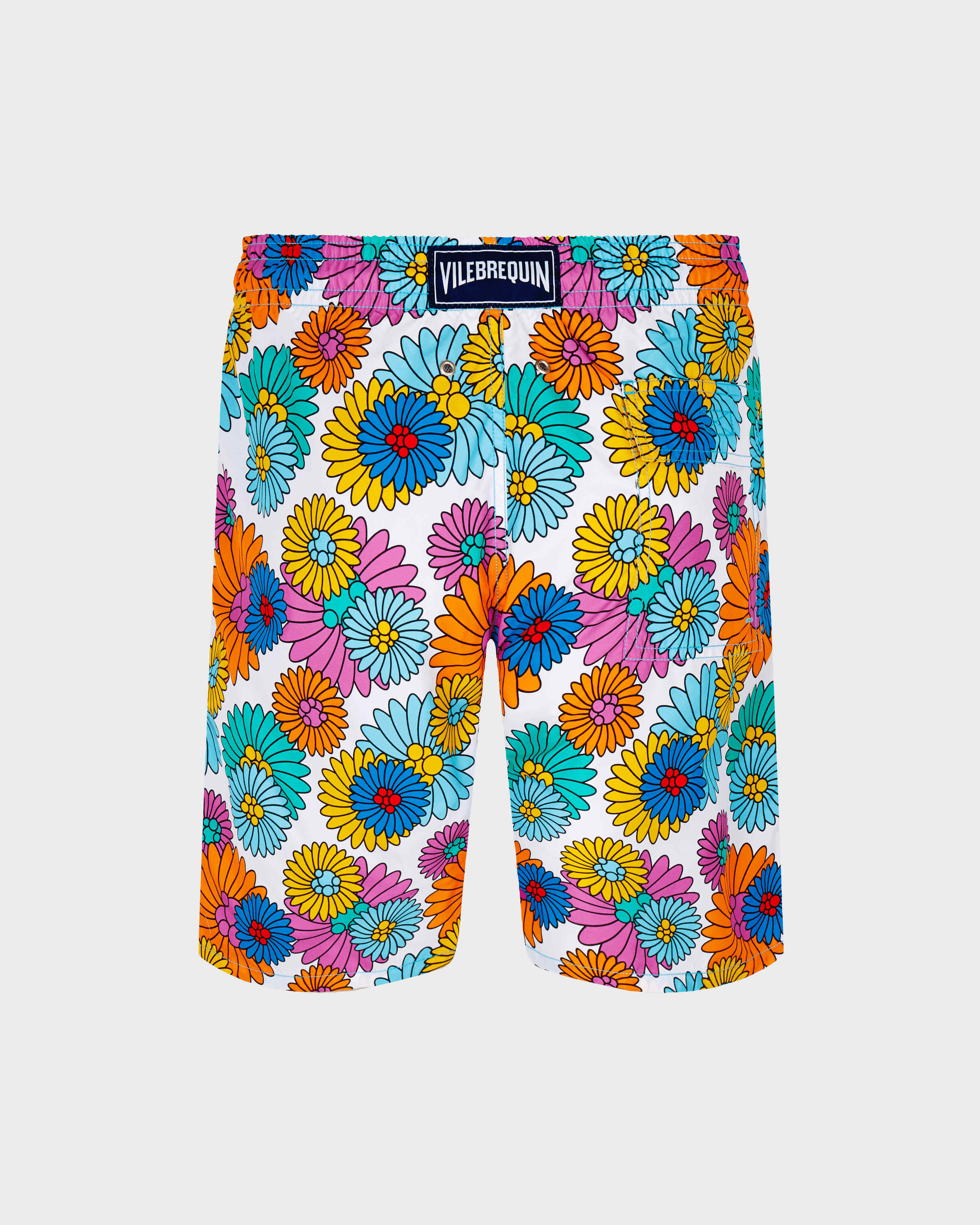 Men Long Swim Shorts Marguerites WHITE back view